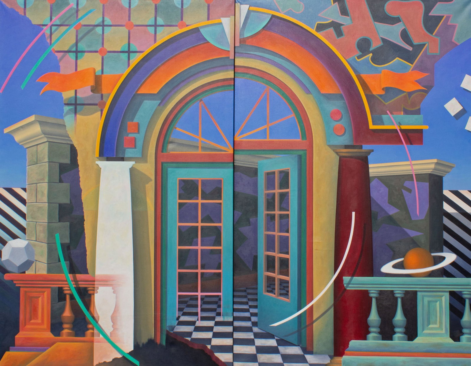 Kim Krause 1992 “Kepler/Paradox #1?? Monumental Acrylic on Canvas Painting: 1992 monumental acrylic on canvas diptych painting by Kim Krause (American; 20th/21st century). Titled Kepler/Paradox #1. Painted on two panels and held together with hinges at the