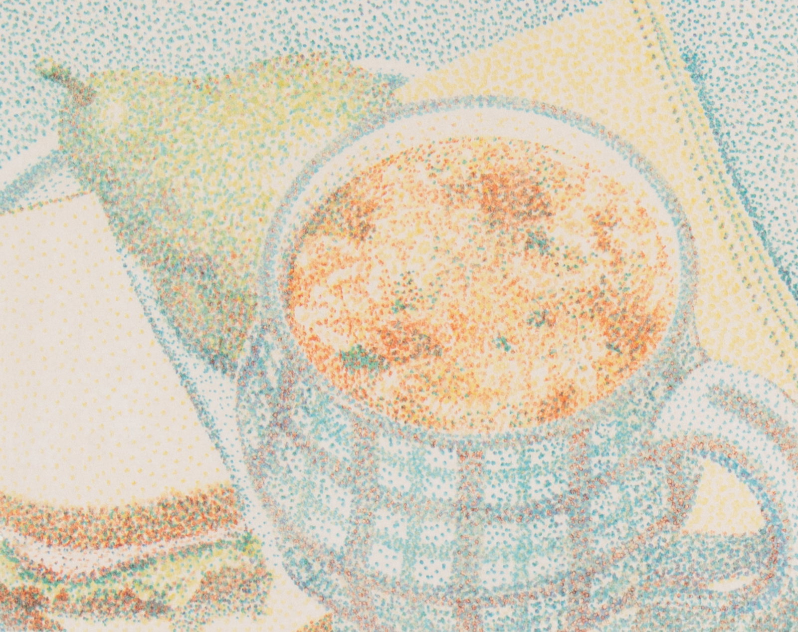 Jerry Wilkerson 1978 "Soup and Sandwich with pear" Drawing: 1978 pointillist style felt tip pen on paper drawing by Jerry Wilkerson (American; 1942-2007). Titled Soup and Sandwich with pear. Signed and dated lower right. Gallery tag from O.K. Harris