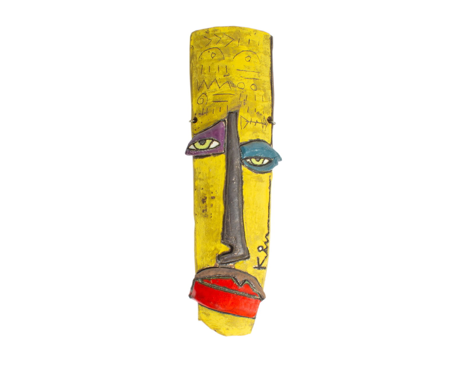 Kimmy Cantrell Ceramic Face Sculpture: Ceramic face sculpture by Kimmy Cantrell (American; born 1957). Signed to edge. Measurements: 4.75" W x 14.75" H x 1.25" D. In house shipping available. From