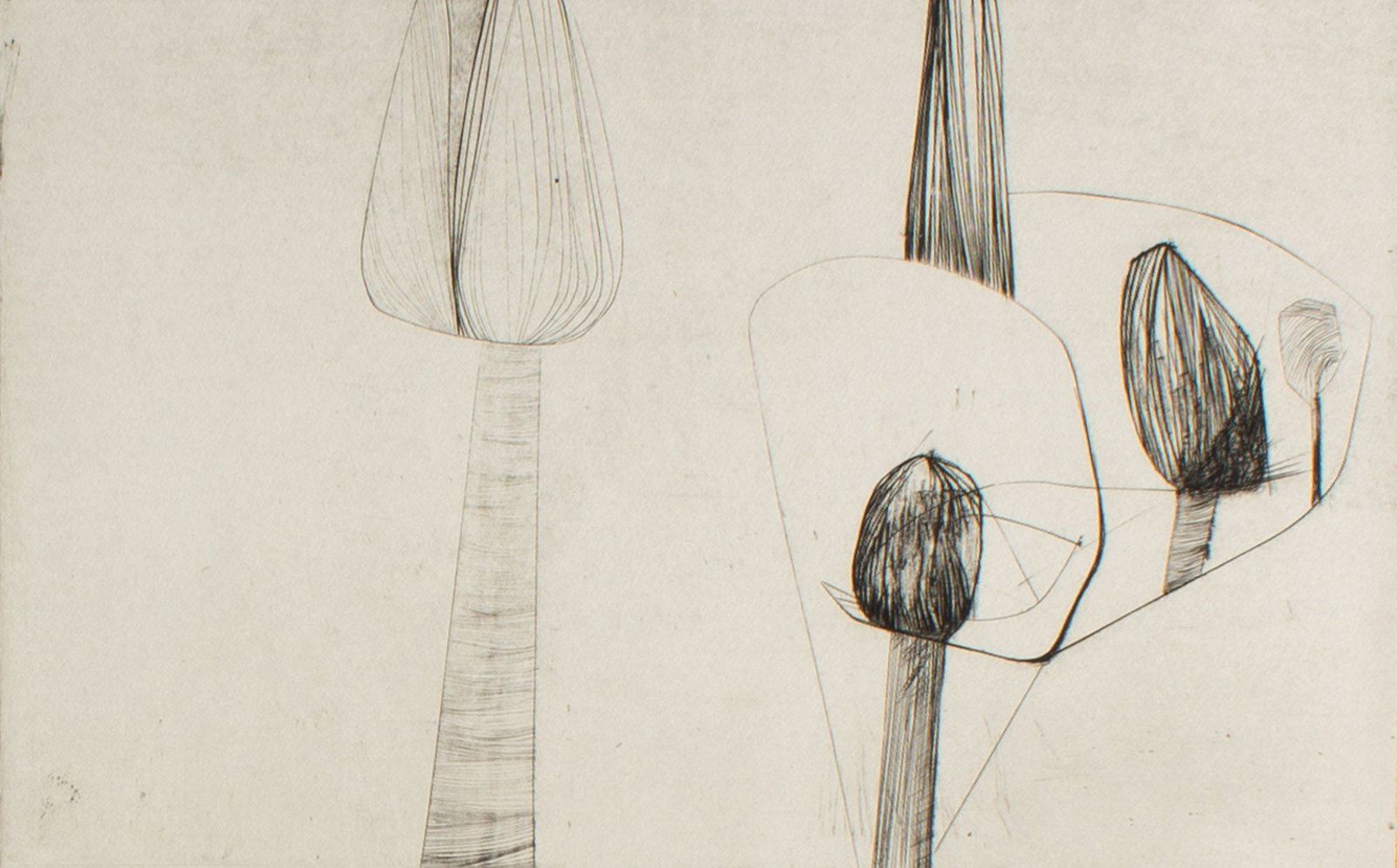 Mar Jean Kettunen "Kett" 1940s "Buds to Flowers" Etching: 1940s abstract etching, titled Buds to Flowers, by Margaret Jean Kettunen, who also went by Mar Jean Kettunen or Kett (American; 1926-2025). Studied under Stanley William Hayter