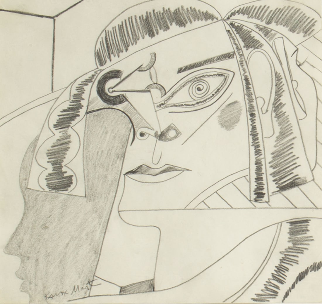 Knox Martin Abstract Graphite Portrait Drawing: Abstract graphite portrait drawing by Knox Martin (American; 1923-2022). Signed lower left. Measurements: 15.25" W x 14.75" H x .75" D (frame); 9" W x 8.5" H (sheet).