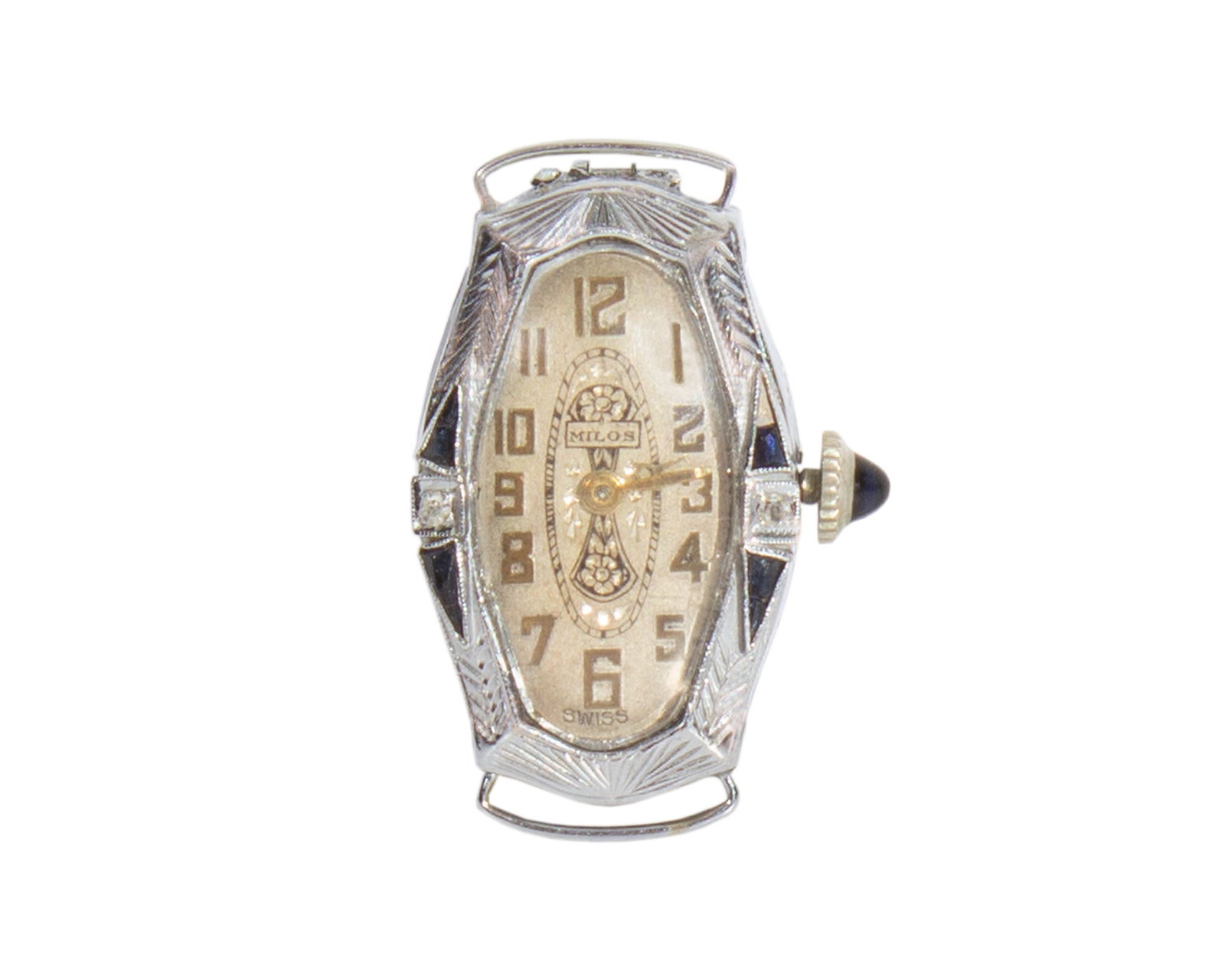 Milos 14K White Gold Art Deco Wristwatch: Art Deco wrist watch by Milos. 14K white gold case. Marked "Milos" to face and "Savoy Watch Co." to back of clock. Case marked "14K" to interior of case. Measureme