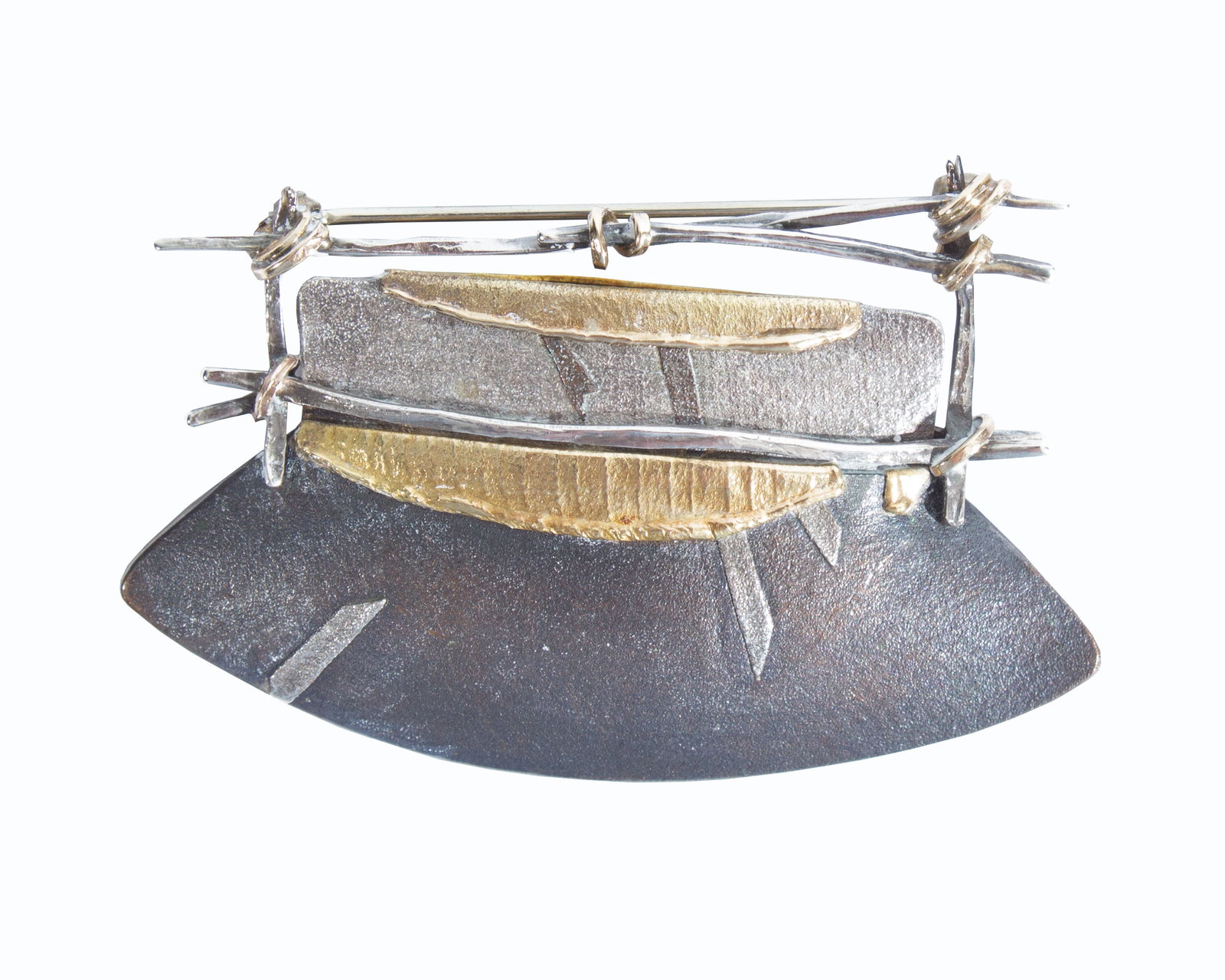Carolyn Morris Bach 1988 18K, Silver, Copper Brooch: 1988 brooch in the shape of a basket made from 18K gold, fine silver, sterling silver, and copper by jewelry artist Carolyn Morris Bach (American; 20th/21st century). Signed "Carolyn Morris Bach 
