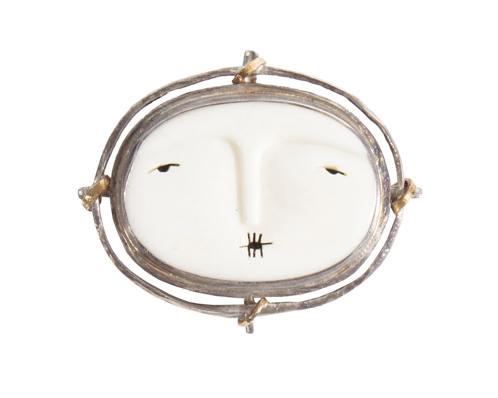 Carolyn Morris Bach 18K Sterling Moon Face Brooch: Moon face brooch with sterling silver and 18K gold by jewelry artist Carolyn Morris Bach (American; 20th/21st century). Signed to back "Sterling 18K" and "Carolyn Morris Bach." &nb