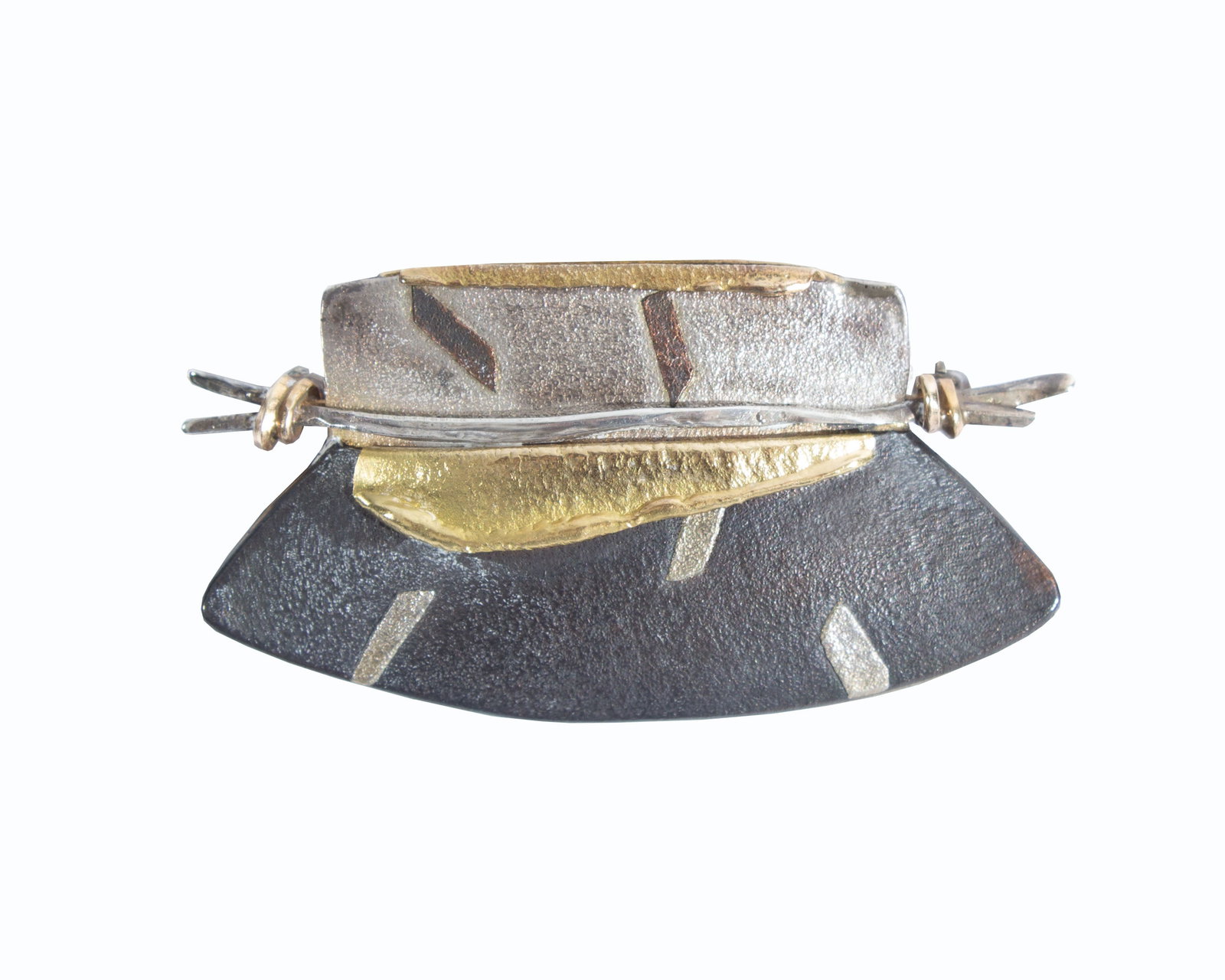 Carolyn Morris Bach 18K, Silver, Copper Brooch: Brooch in the shape of a basket made with fine silver, sterling silver, copper, and 18K gold by jewelry artist Carolyn Morris Bach (American; 20th/21st century). Signed "Carolyn Morris Bach"