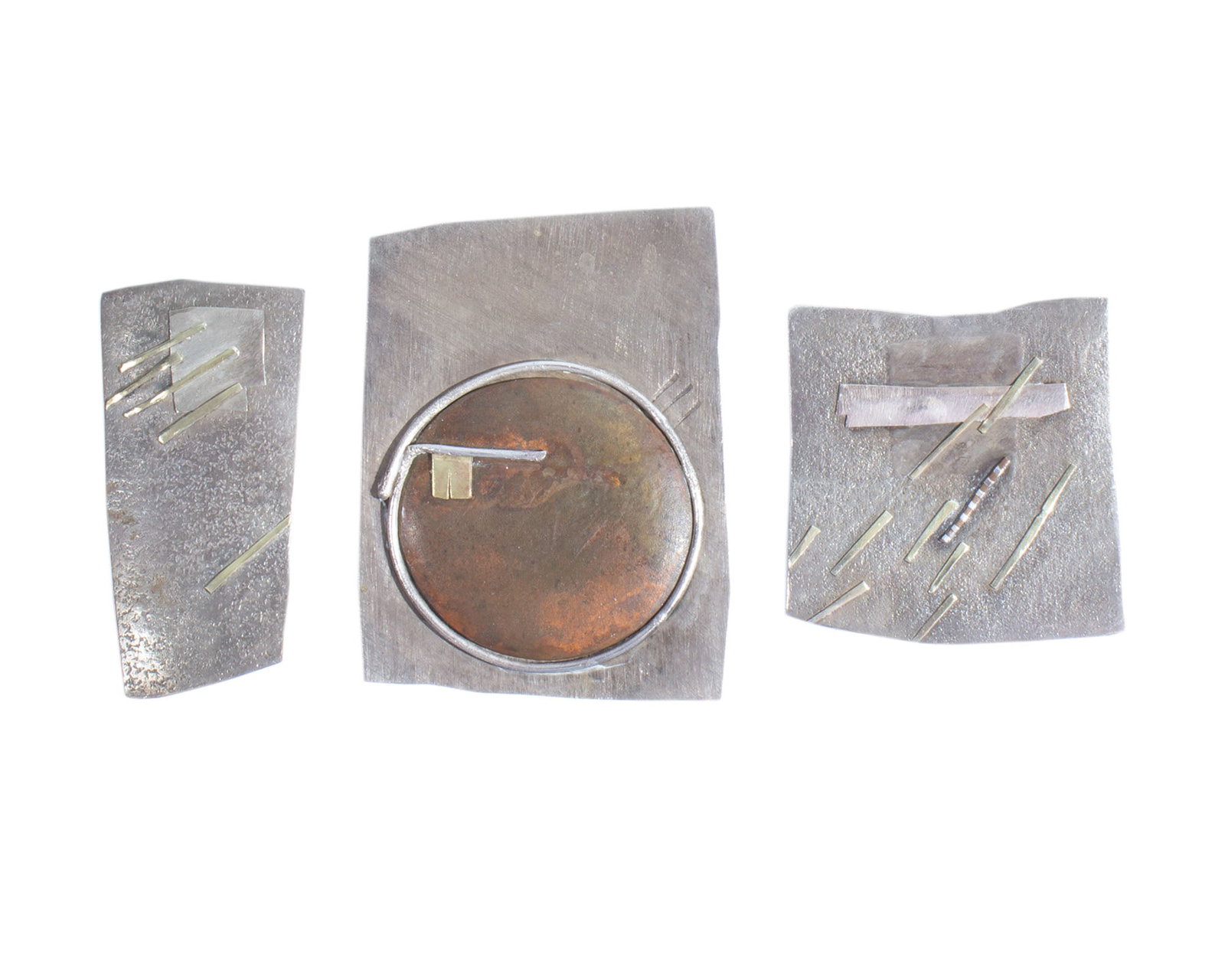 Sterling Silver 14K Modernist Brooches: Group of three sterling silver with 14K gold accent modernist brooches. Each piece stamped with what appears to be a conjoined "ML" mark. Each brooch also marked "SS 14K" to back.