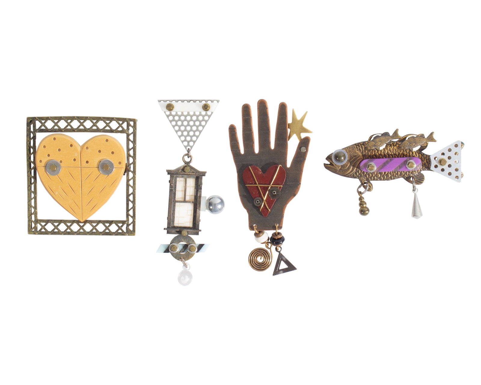 Artisan Made Brooches: Group of four artisan made brooches mostly made of metal with some plastic/resin accents. Unsigned. Measurements: 1.75" W x 2" H (largest brooch). In house shipping available.