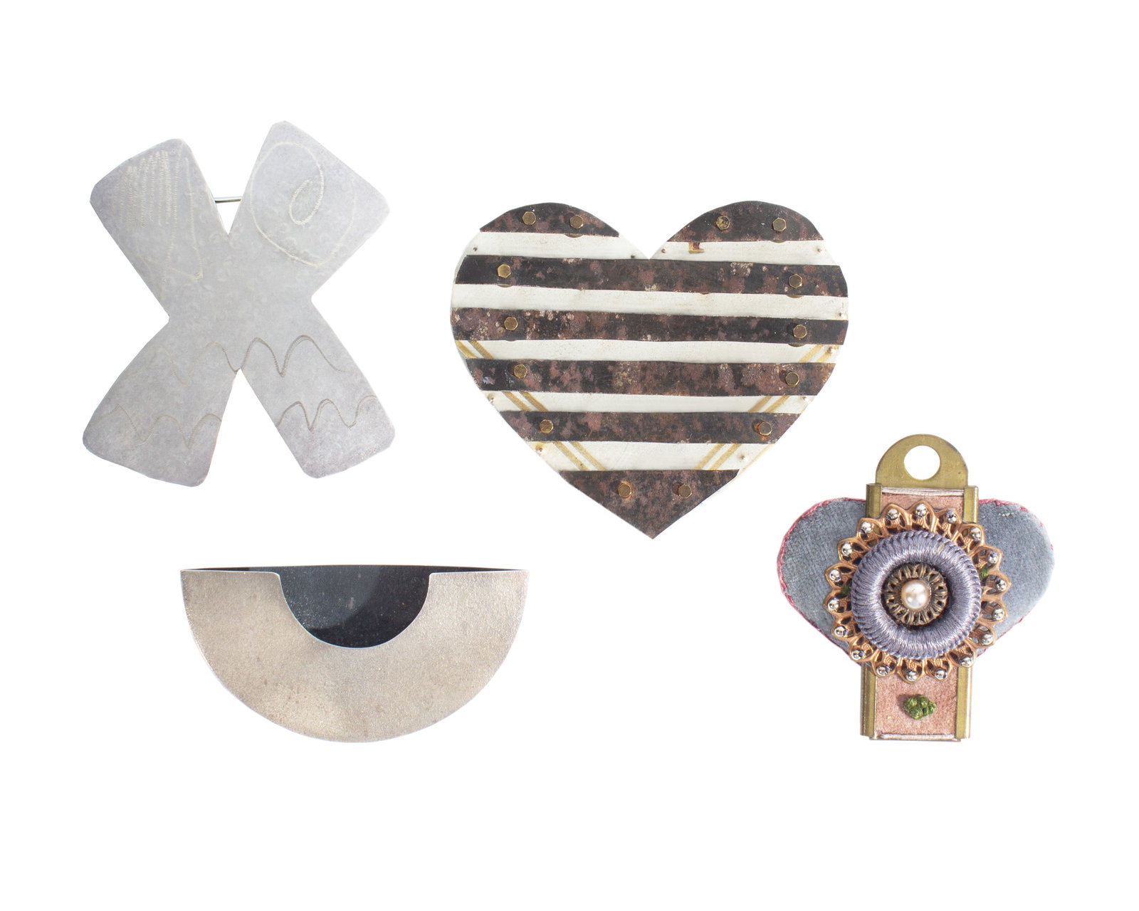 Artisan Made Brooches: Group of four artisan made brooches. Three brooches are made of metal, the fourth is made of metal, velvet, thread, and beads. The X-shaped brooch is marked "JRB" and the velvet brooch is