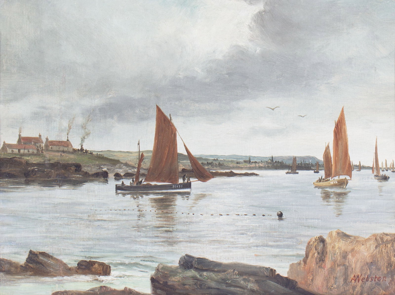 Alexander Webster Oil on Canvas Harbor Painting: Antique oil on canvas painting of a harbor by Alexander Webster (British; 1841-1913). Signed lower right. Measurements: 18” W x 14” H x .75” D (frame); 16” W x 12&r