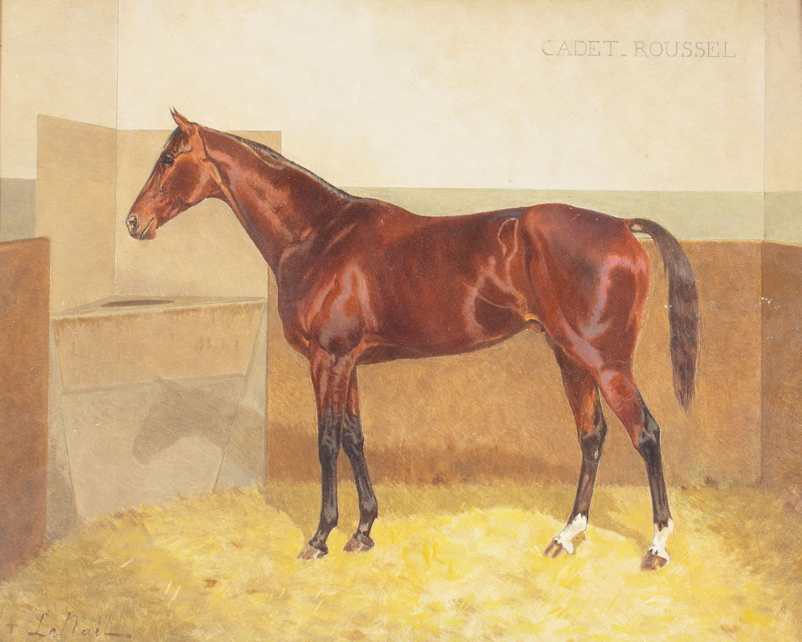 Marie Joseph Ernest Le Nail "Cadet Roussel" Oil Painting: Oil on wood panel painting of a horse, titled Cadet Roussel, by Marie Joseph Ernest Le Nail (French; 1842-1927). Signed lower left, titled upper right and to verso. Measurements: 15.7