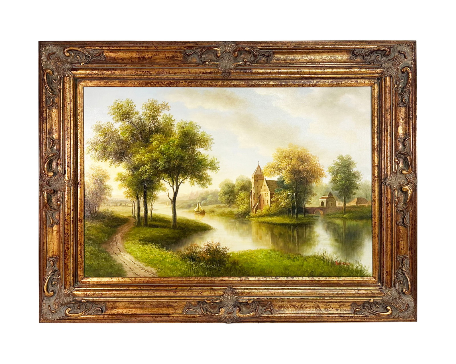 S.H. Song (Humphrey) Oil on Canvas Landscape Painting: Oil on canvas landscape painting by S.H. Song, who also goes by S. Humphrey Song (Korean; born 1955). Signed lower right. Displayed in ornate frame. Measurements: 47" W X 35" H x