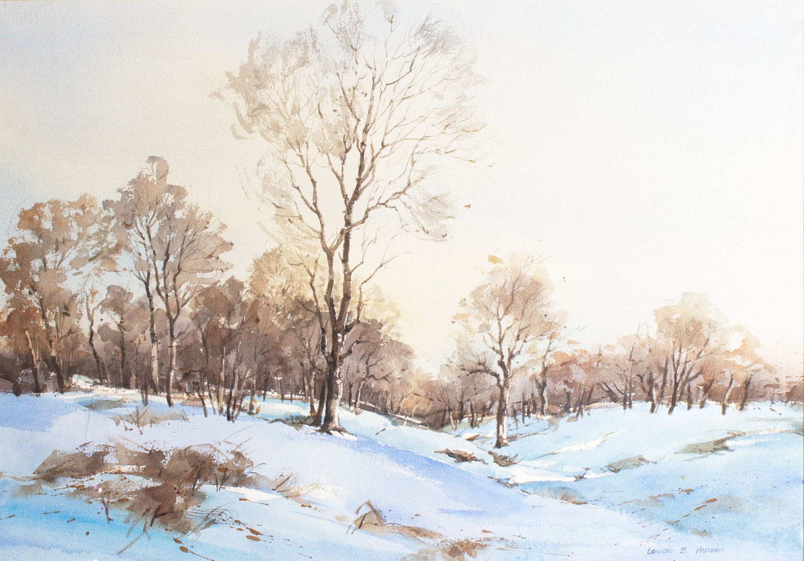 Louise Brimhall Hansen 2000 "Early Light" Watercolor Painting: Watercolor landscape painting titled Early Light by Indiana artist Louise Brimhall Hansen (American; 1927-2014). Signed lower right. Hoosier Salon tag attached verso. Measurements: