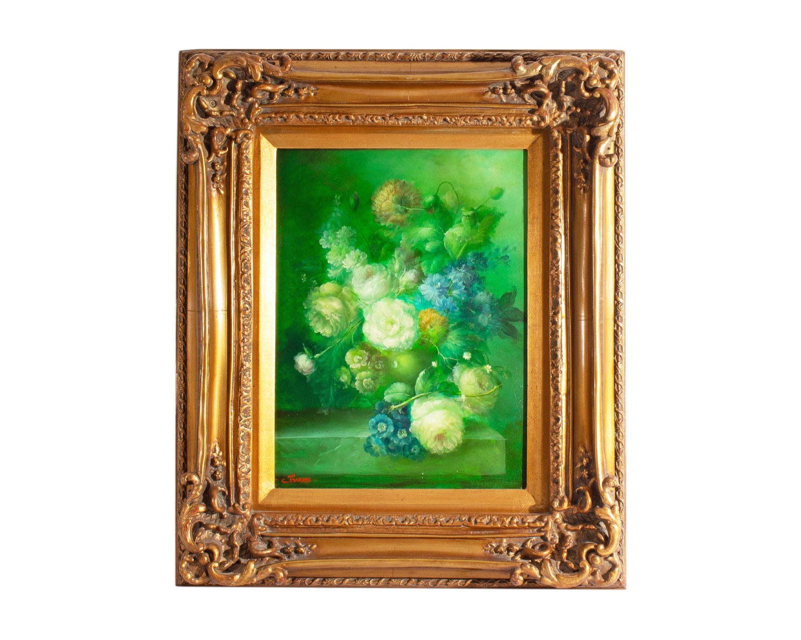 James Oil on Board Floral Still Life Painting: Oil on board floral still life painting. Signed "James" lower left. Displayed in an ornate gold tone frame. Measurements: 20.5" W x 24.5" H x 3" D (frame); 12"