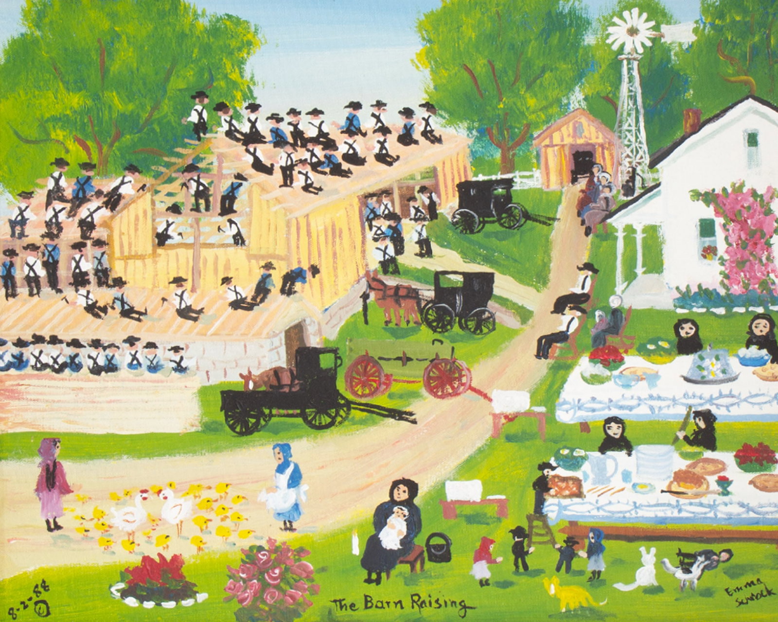 Emma Schrock 1988 "The Barn Raising" Oil on Canvas Painting (1 of 6)
