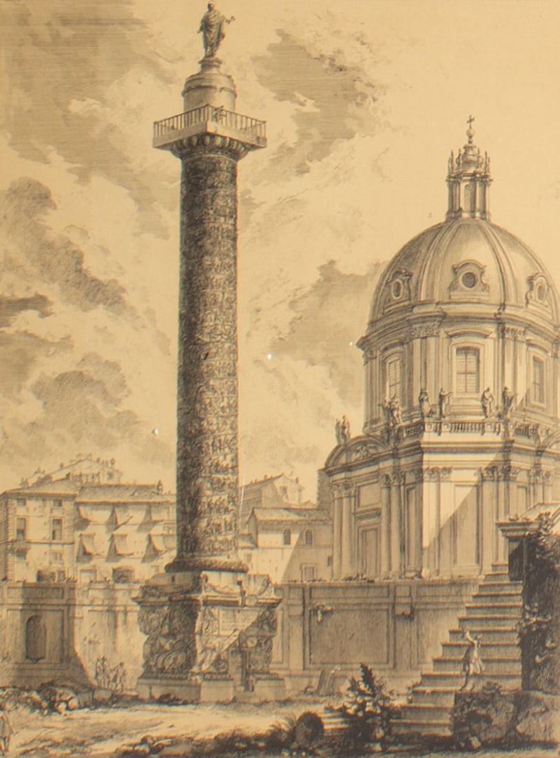 After Giovanni Battista Piranesi "Views of Rome: Trajan’s Column": Print after an etching of Trajan's column by Italian artist Giovanni Battista Piranesi from his series Views of Rome. Measurements: 22" W x 28" H x 1.5" D (frame). 