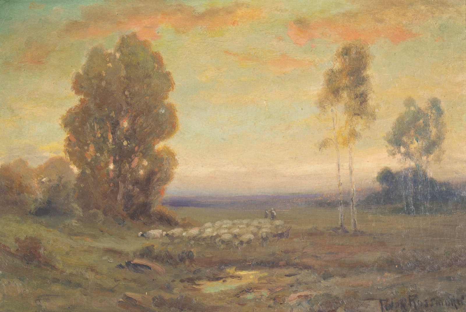 Rossmore Antique Oil on Board Pastoral Painting: Antique oil on board painting of a pastoral scene. Signed "Rossmore" lower right. Measurements: 17.75" W x 13.25" H x 1.25" D (frame). In house shipping availabl