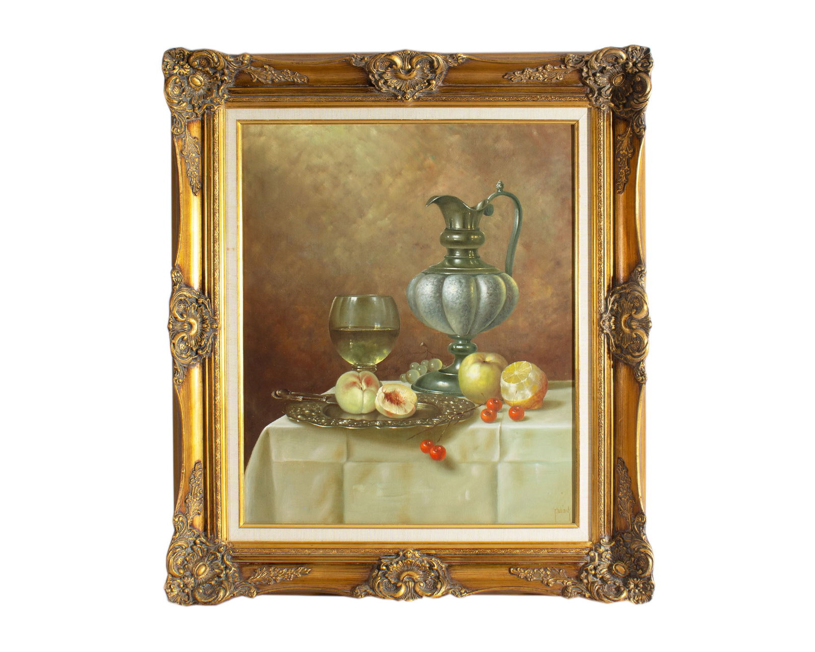 Gyula Andreas Bubarnik Still Life Oil on Canvas Painting: Oil on canvas still life painting by Gyula Andreas Bubarnik (Hungarian; 1936-2010). Signed lower right. Displayed in ornate gold tone frame. Measurements: 28" W x 32" H x 2.5&quo