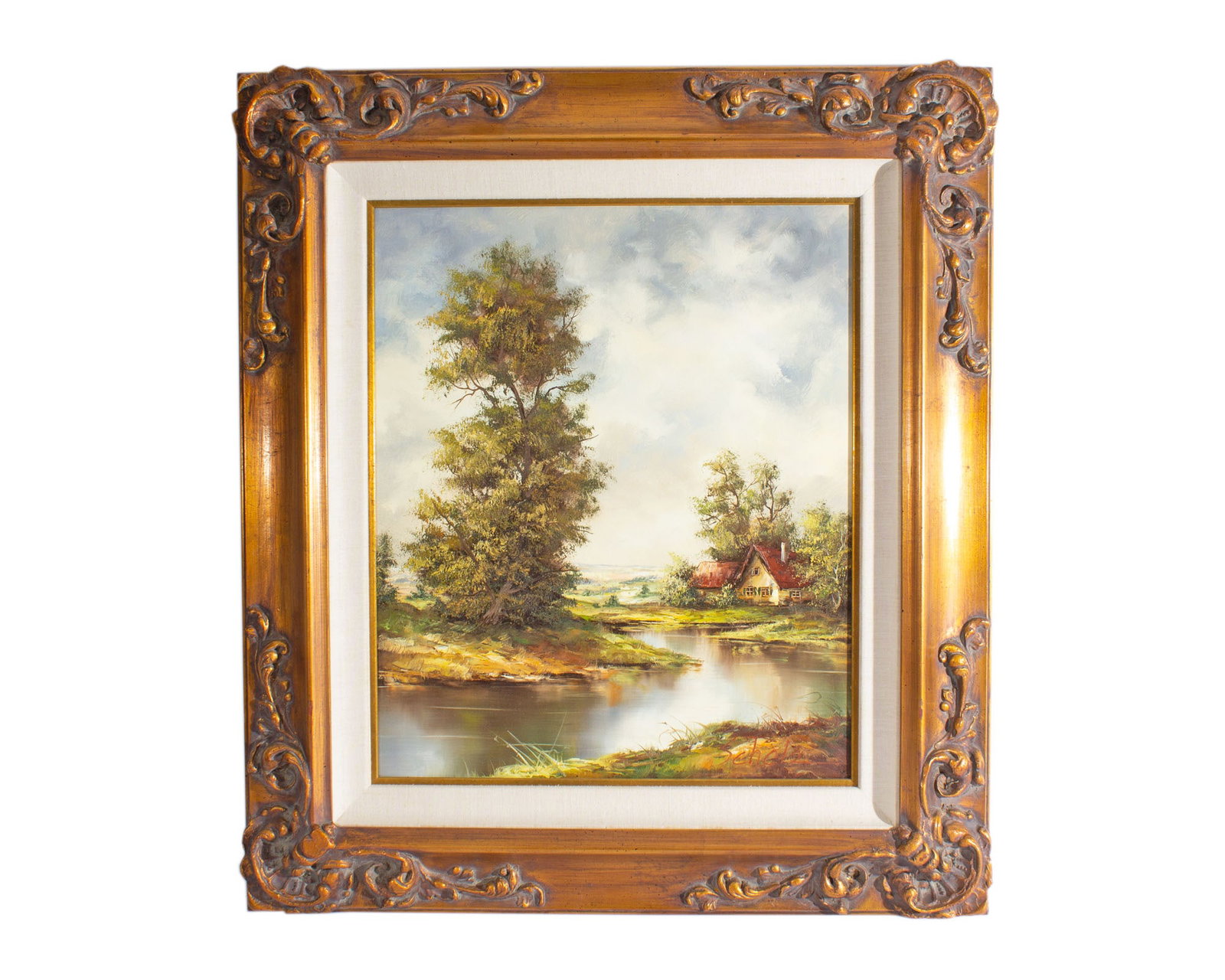 Scholz Oil on Canvas Landscape Painting: Oil on canvas painting of a landscape with farmhouse. Signed "Scholz" lower right. Displayed in ornate gold tone frame. Measurements: 31" W x 35" H x 2.5" D (frame); 20
