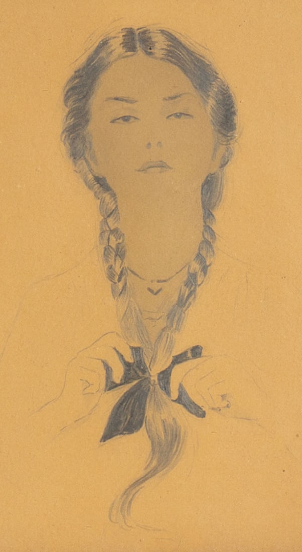 Antique Drawing of a Girl Tying a Bow: Antique graphite drawing of a girl tying a bow. Unsigned, displayed in antique wooden frame. Measurements: 7.25" W x 11.5" H x .5" D (frame). In house shipping available.