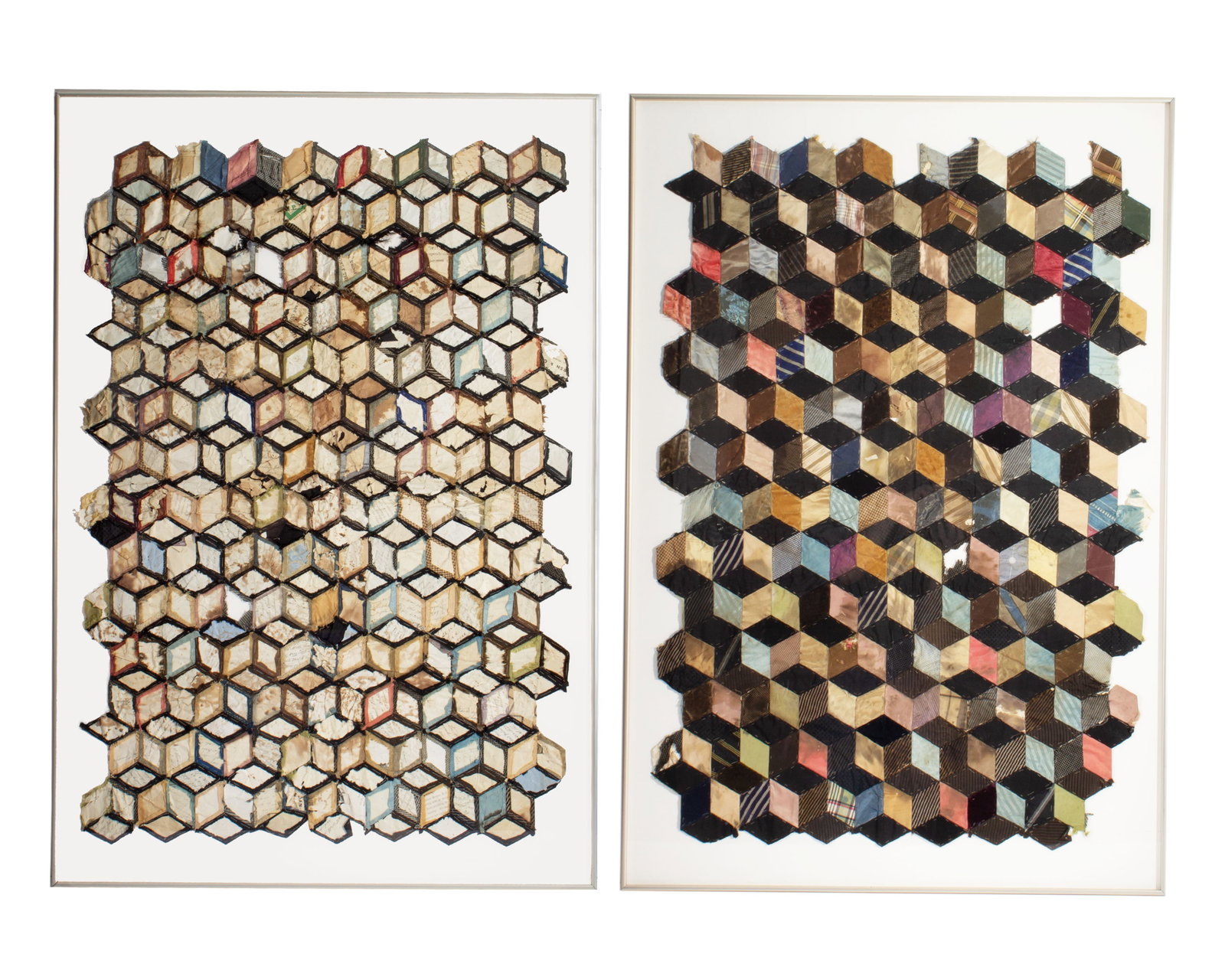 Antique Circa 1900 Framed Silk Paper Piece Quilt Tops: Antique circa 1900 paper piece silk quilt tops. Framed as a diptych, one quilt top is displayed from the back to see the paper pieces used. Measurements: 30.25" W x 40.5" H x