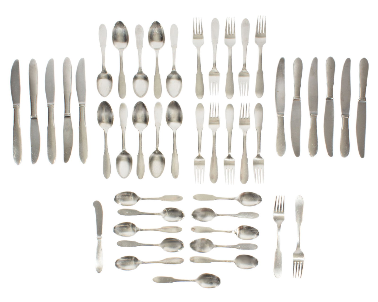 Georg Jensen "Mitra" 45 Pcs. Stainless Steel Flatware: Set of 45 pieces of stainless steel flatware in the Mitra pattern produced by Georg Jensen. Made in Denmark. Pieces are marked to the handles or blades. Included are: 10 tablespoons 12 forks 11