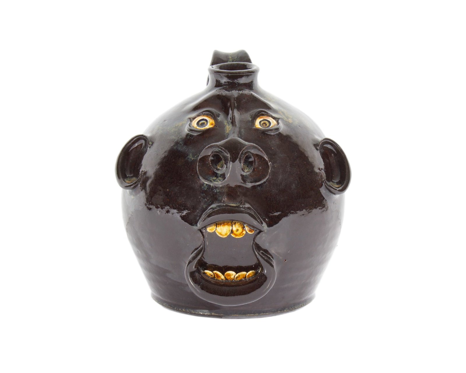 Roger Corn 2000 Georgia Folk Art Face Jug: 2000 Georgia folk art face jug by Roger Corn (American; 20th/21st century). Signed "Roger Corn Banks County Ga. Anno Dominus 2000” to underside. 