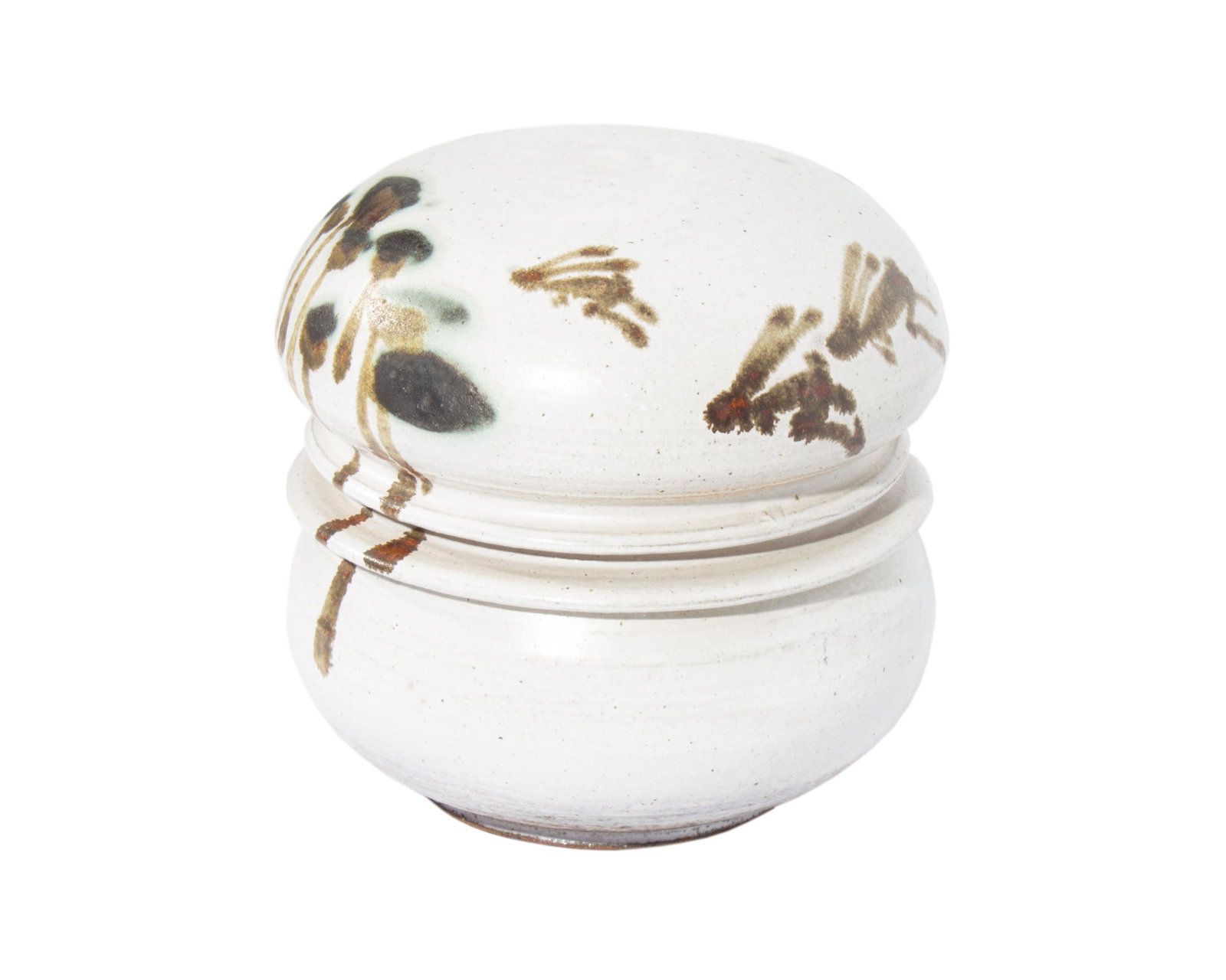 Arthur Towata 1973 Studio Pottery Vessel with Rabbits: Studio pottery lidded vessel with images of plants and rabbits by Arthur Towata (Japanses-American; 1933-2019). Signed and dated lower edge. Measurements: 7" W x 6.75" H x 7" D.