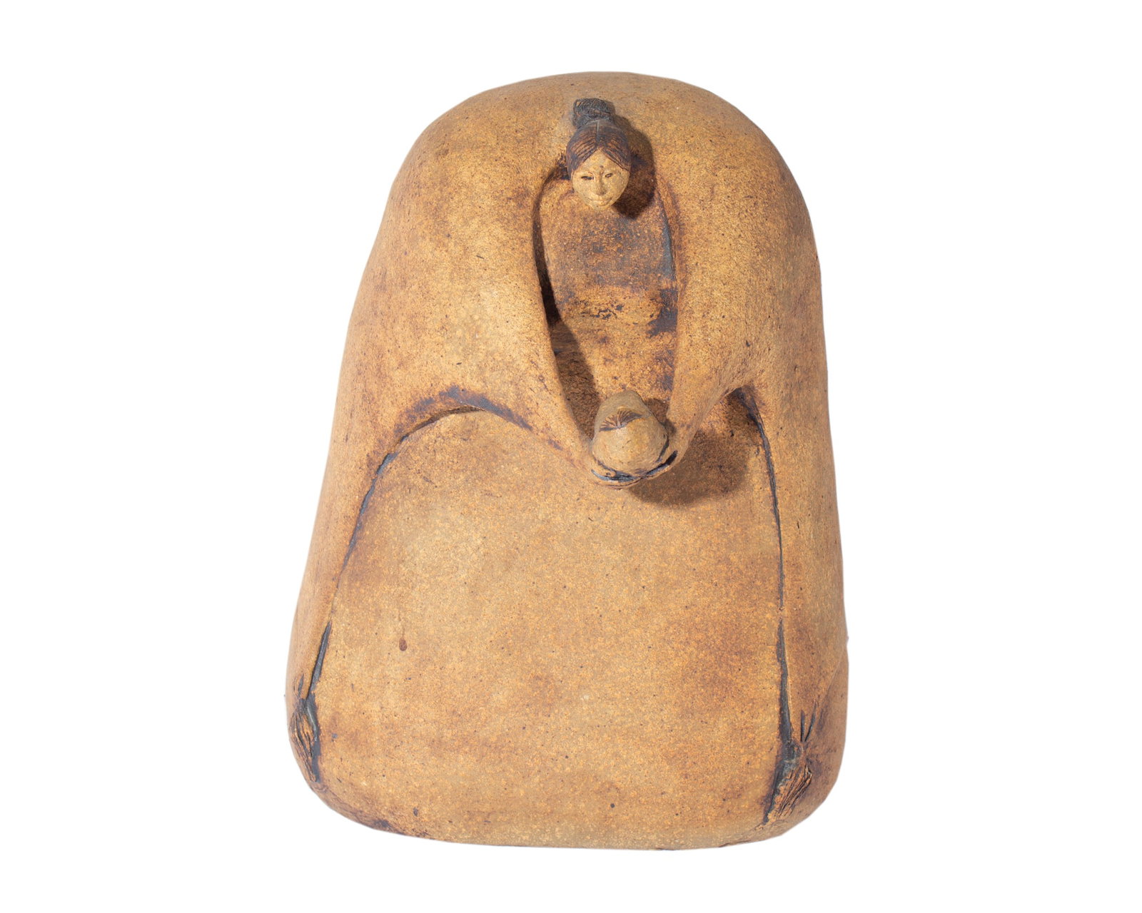 Jean Juhlin Signed Stoneware Sculpture of a Mother and Child: Stoneware sculpture of a mother and child by Jean Juhlin (American; born 1931). Signed on back. Measurements: 10.5” W x 13.75” H x 7” D. In house shipping