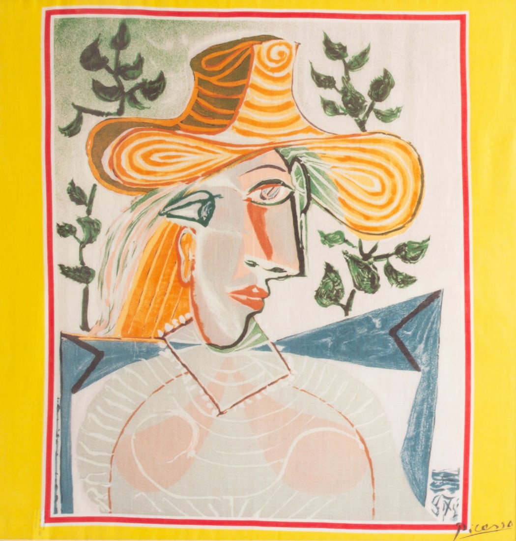 After Pablo Picasso Silk Scarf "Femme a la Collerette": Silk scarf with image after the work Femme a la Collerette by Pablo Picasso. Displayed in a gold tone metal frame. Measurements: 20.5" W x 21" H x 1" D (frame). 
