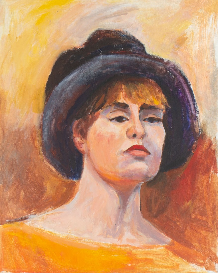 Harriet Jeffries 1957 "Janie" Oil on Canvas Portrait Painting: 1957 oil on canvas painting by Indiana artist Harriet Jeffries (American; 1919-1982). Unsigned, Indiana Artists Club tagged attached verso. Measurements: 16" W x 20" H x 1" D. &n