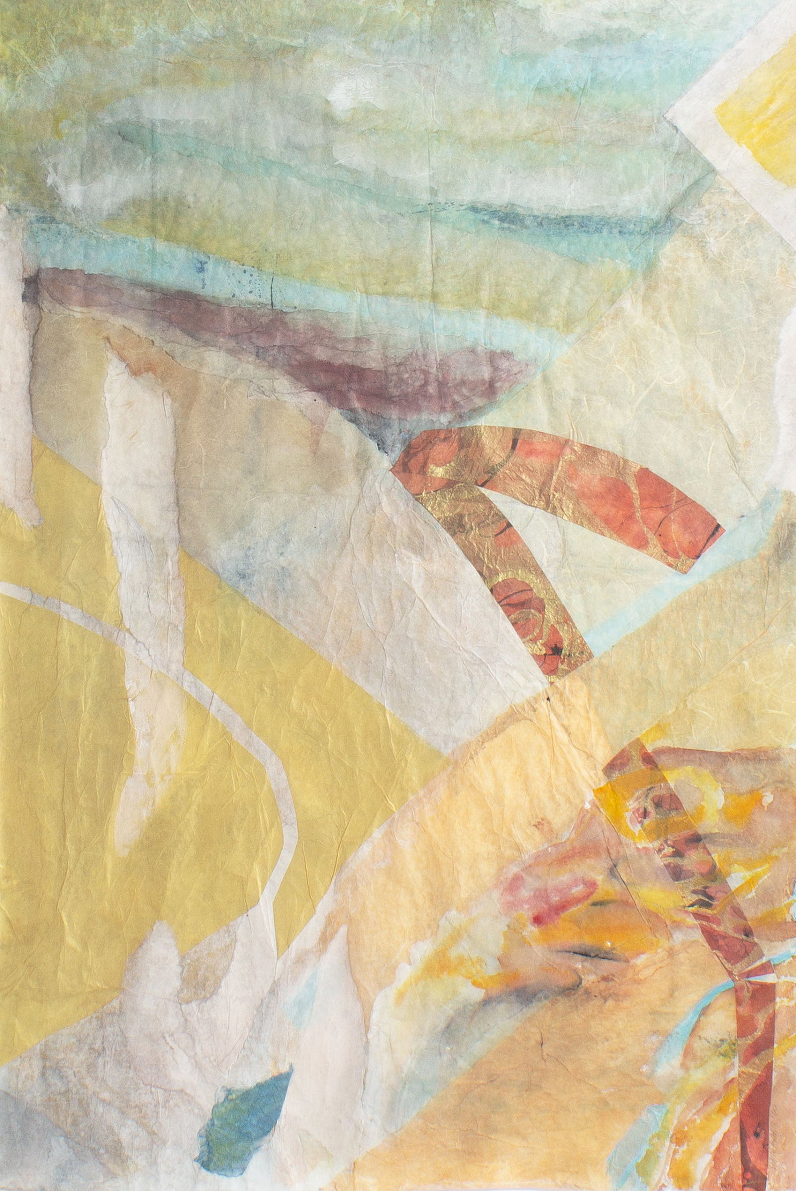 Nancy Hathaway Abstract Collage: 2000 abstract collage by artist Nancy Hathaway (American; 20th century). Signed in pencil and dated 2000. Measurements: 46.5" H, 36" W, 1.5" D (frame),