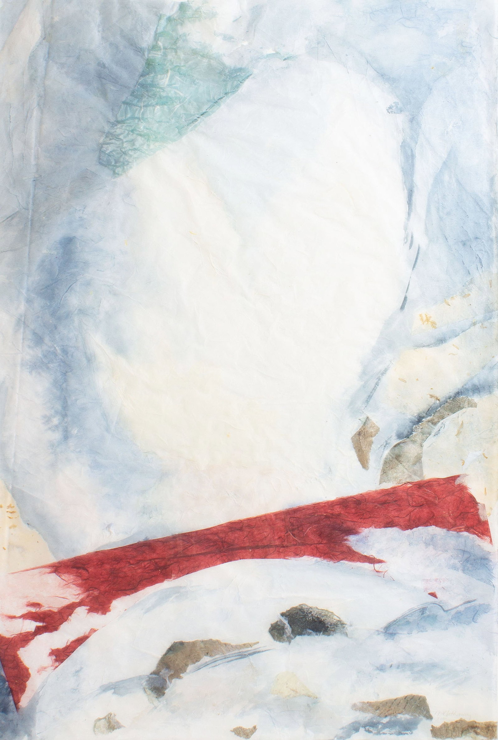 Nancy Hathaway 1999 "Mist Over Water" Abstract Collage: 1999 abstract collage by artist Nancy Hathaway (American; 20th century). Titled Mist Over Water. Signed in pencil and dated lower right. Titled verso. Measurements: 46.5&qu