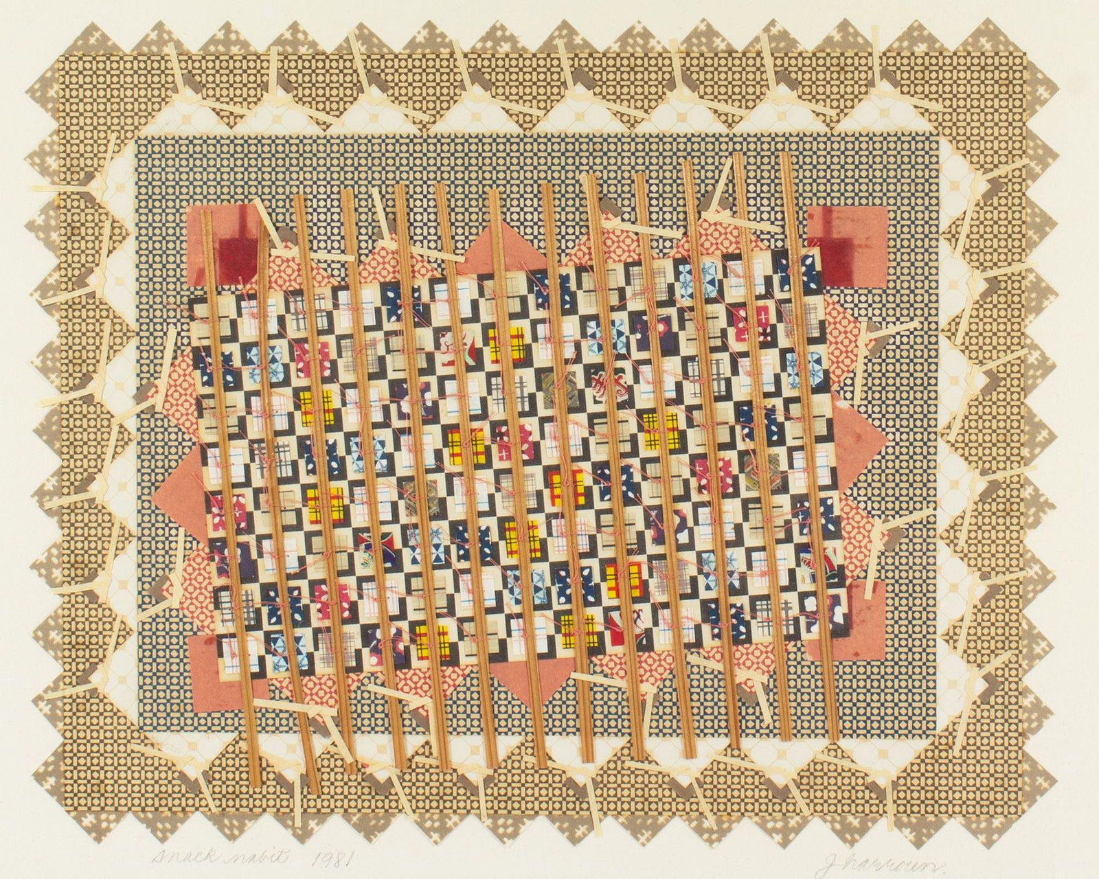 Jennifer Harroun 1981 "Snack Nabit" Paper Collage: 1982 paper collage titled Snack Nabit by Jennifer Harroun (Amercan; 20th century). Signed, dated, titled lower edge. Measurements: 28" W x 22" D H x 1.25" D (frame).