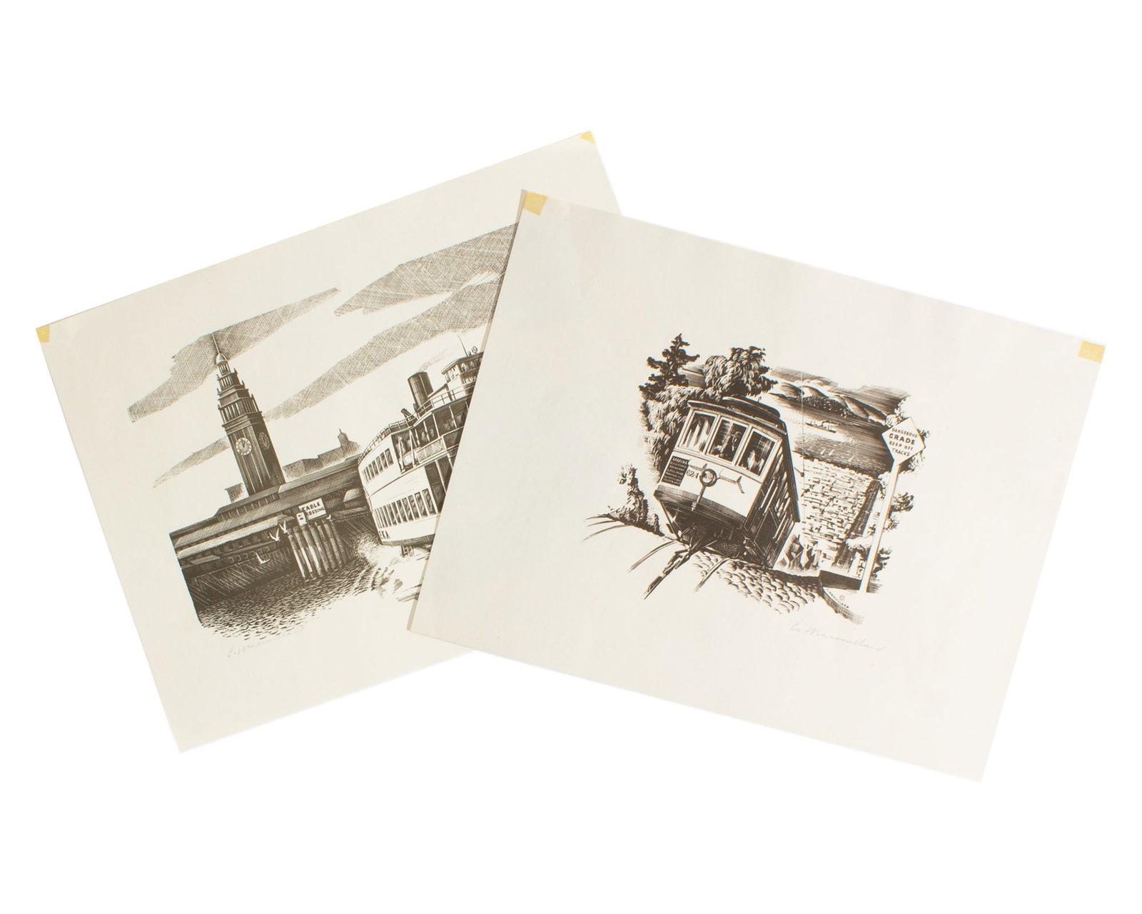 Louis Macouillard Hand-Signed Prints of San Francisco: Two prints of San Francisco by Louis Macouillard (American; 1913-1987). Both prints hand-signed in pencil to lower edge of image. Print of cable car is also signed in the print to the lower 