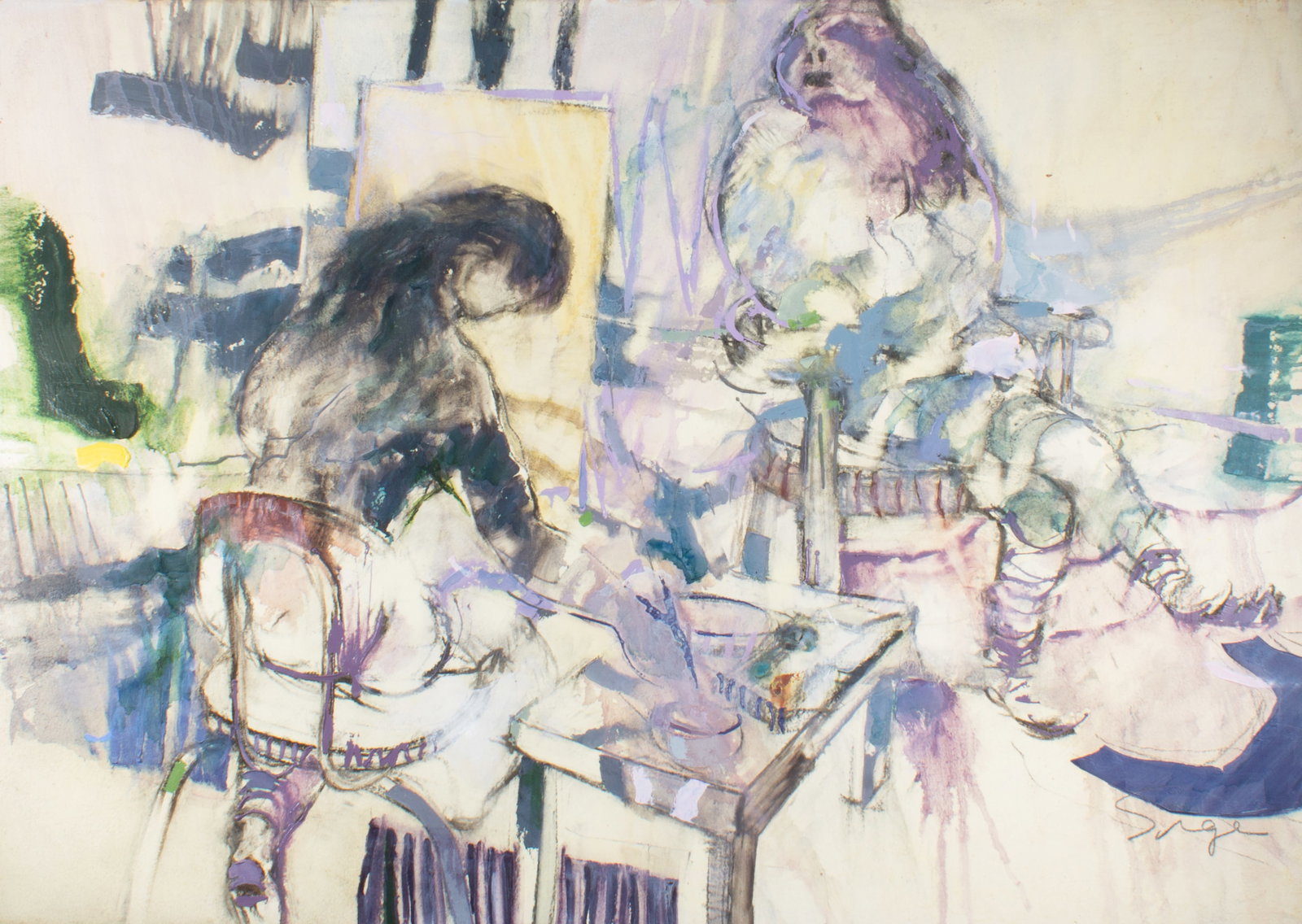 Walter Sorge Mixed Media Painting on Paper: Mixed media painting on paper of an artist painting a portrait by Walter Sorge (Canadian; 1931-2021). Signed lower right. Measurements: 41.5" W x 30" H (sheet). In house shippi