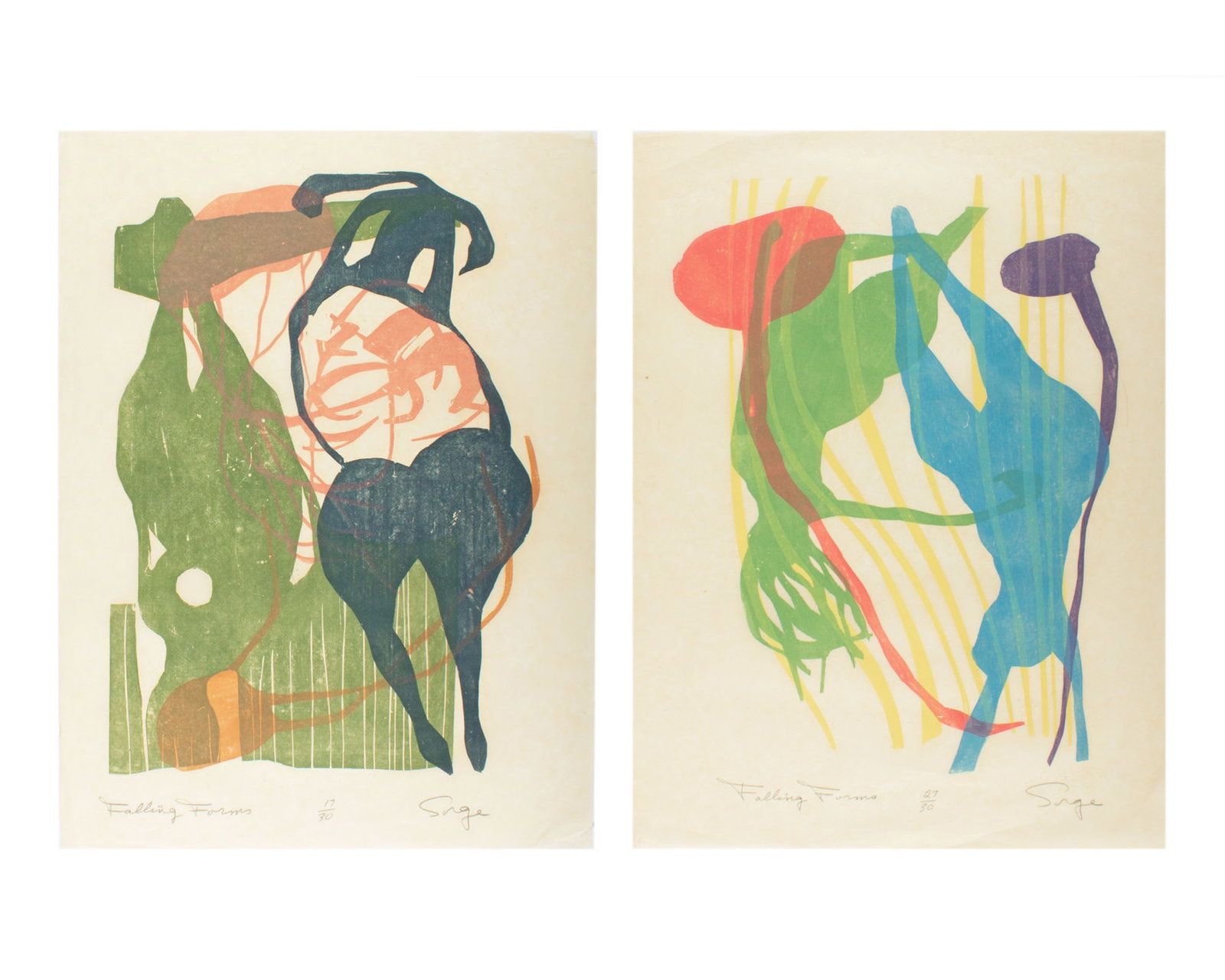 Walter Sorge "Falling Forms" Abstract Relief Prints: Two abstract relief prints both titled Falling Forms by Walter Sorge (Canadian; 1931-2021). Both works are signed, titled, and numbered to lower edge. Measurements: 18" W x 24.25