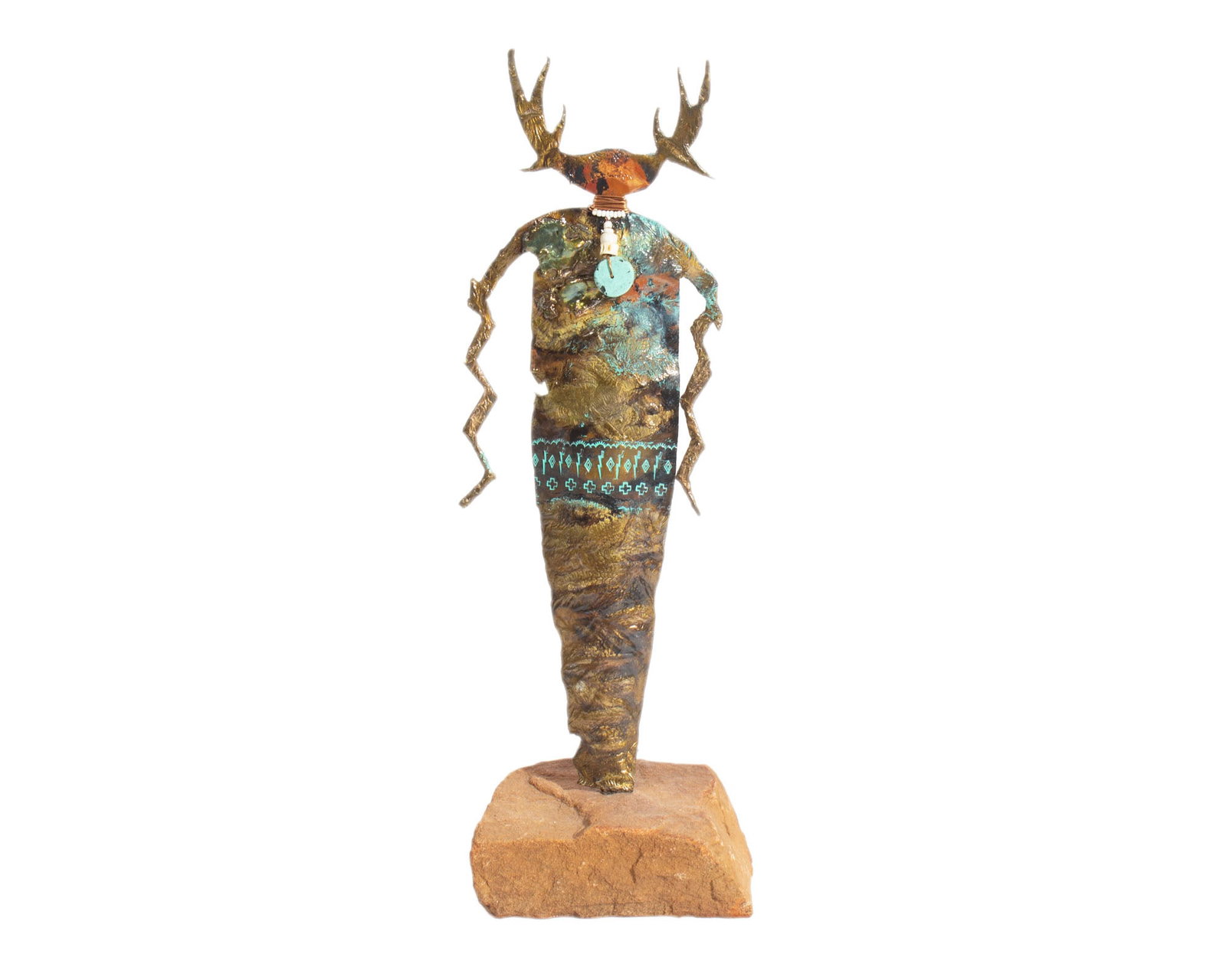 "Wild Bill" Bill Worrell Attrib. Shaman Sculpture: Shaman sculpture signed "Wild Bill", and attributed to the artist Bill Worrell. Mixed metals including copper atop a stone base. Measurements: 14" H x 4.5"
