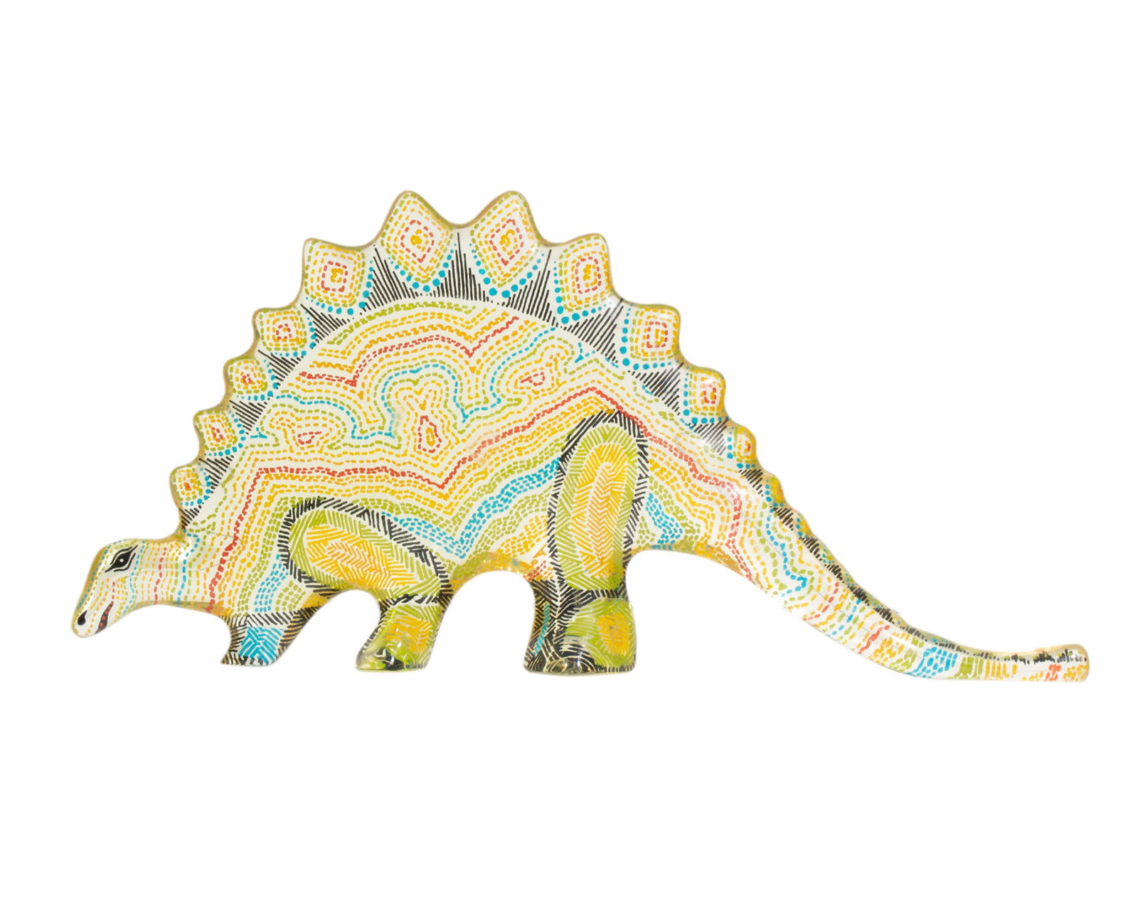 Abraham Palatnik Lucite Op Art Dinosaur Stegossaurus: Vintage Op Art lucite stegossaurus dinosaur designed by Abraham Palatnik (Brazilian; 1928-2020). Marked with "Made in Brazil" sticker to underside. Measurements: 11.25" W x