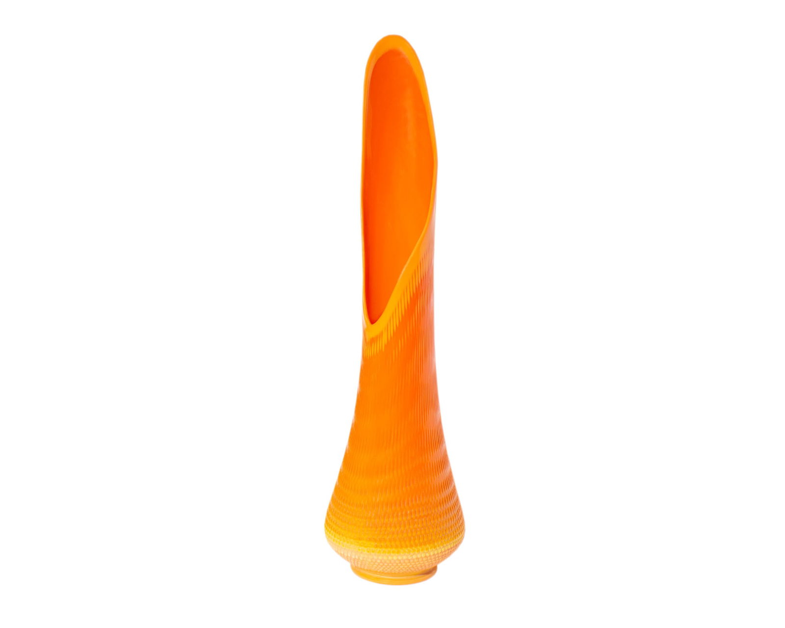 L.E. Smith 31.5" Bittersweet Nubby Butt Mid-Century Swung Vase: Mid-century orange swung vase produced by L.E. Smith. In the Bittersweet color with the Nubby Butt pattern. Measurements: 8" W x 31.5" H x 8" D. In house shipping av