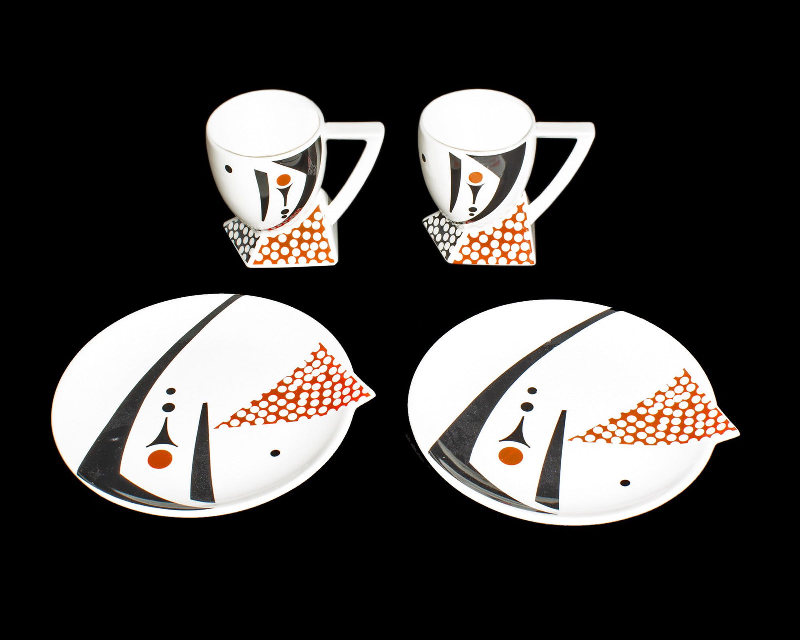 Kato Kogei for Fujimora Alpha-3 Mugs & Plates: Kato Kogei for Fujimori Alpha-3 Collection ceramics including two mugs and two dessert plates. Marked to underside. Measurements: 4.25" H x 5" W x 3.25" D