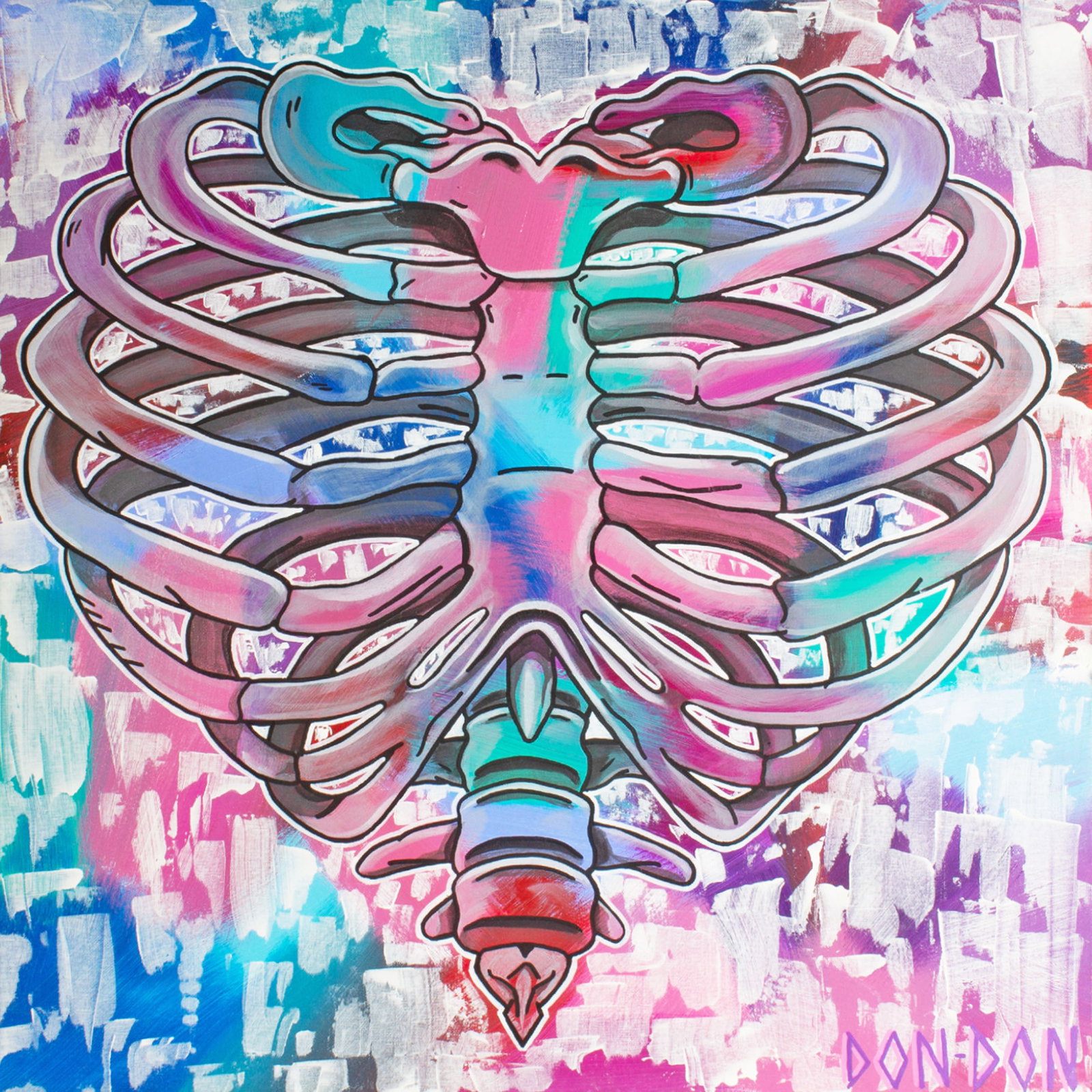 Don-Don Acrylic on Canvas Painting of a Ribcage: Acrylic on canvas painting of a ribcage. Signed "Don-Don" lower right. Measurements: 30" W x 30" H x 1.5" D. In house shipping available.