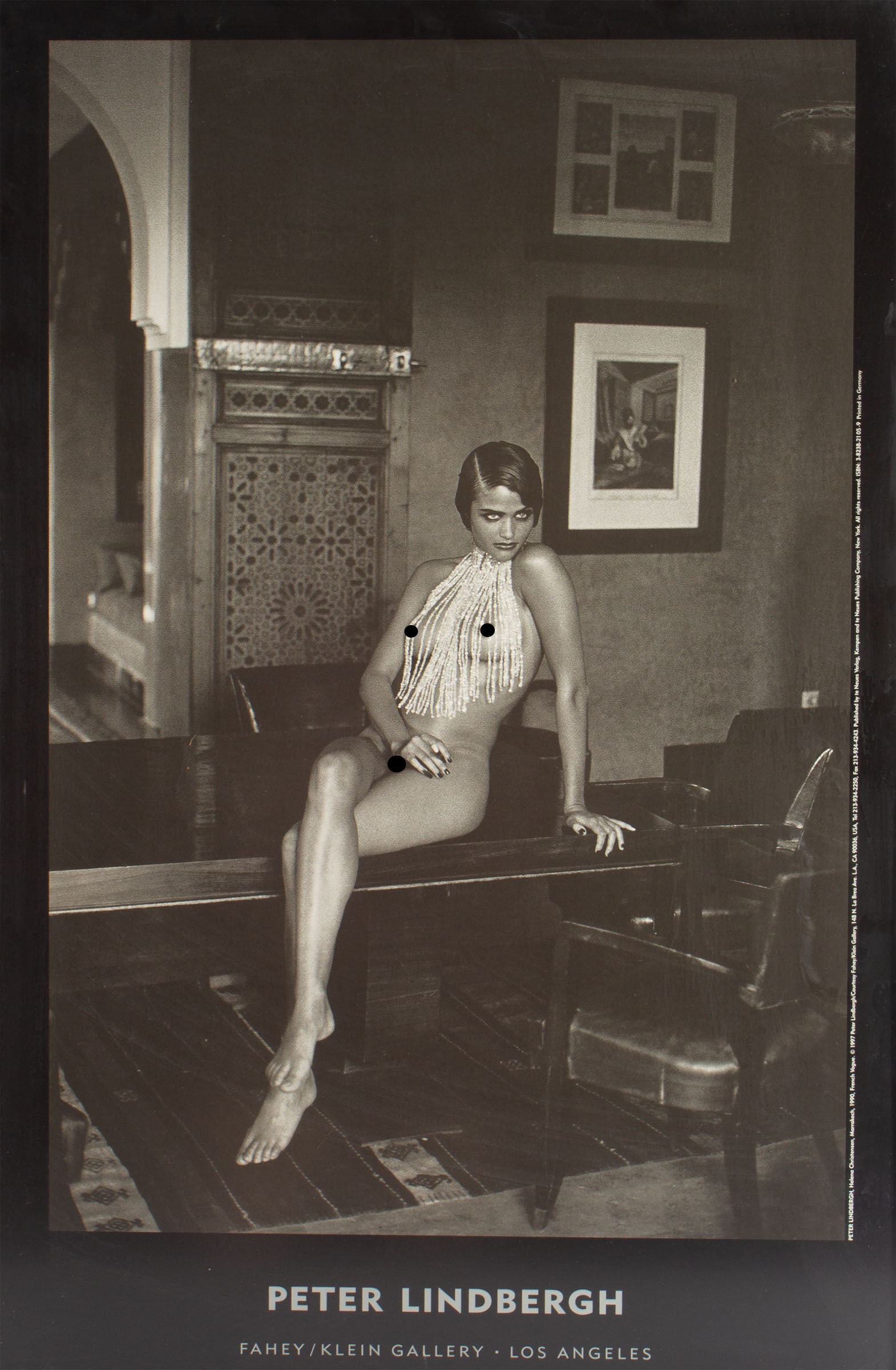 Peter Lindbergh 1997 Gallery Exhibition Poster: 1997 exhibition poster for works by photographer Peter Lindbergh held at the Fahey/Klein Gallery in Los Angeles. Dated on edge. Measurements: 21" W x 32" H x 1" D (frame).