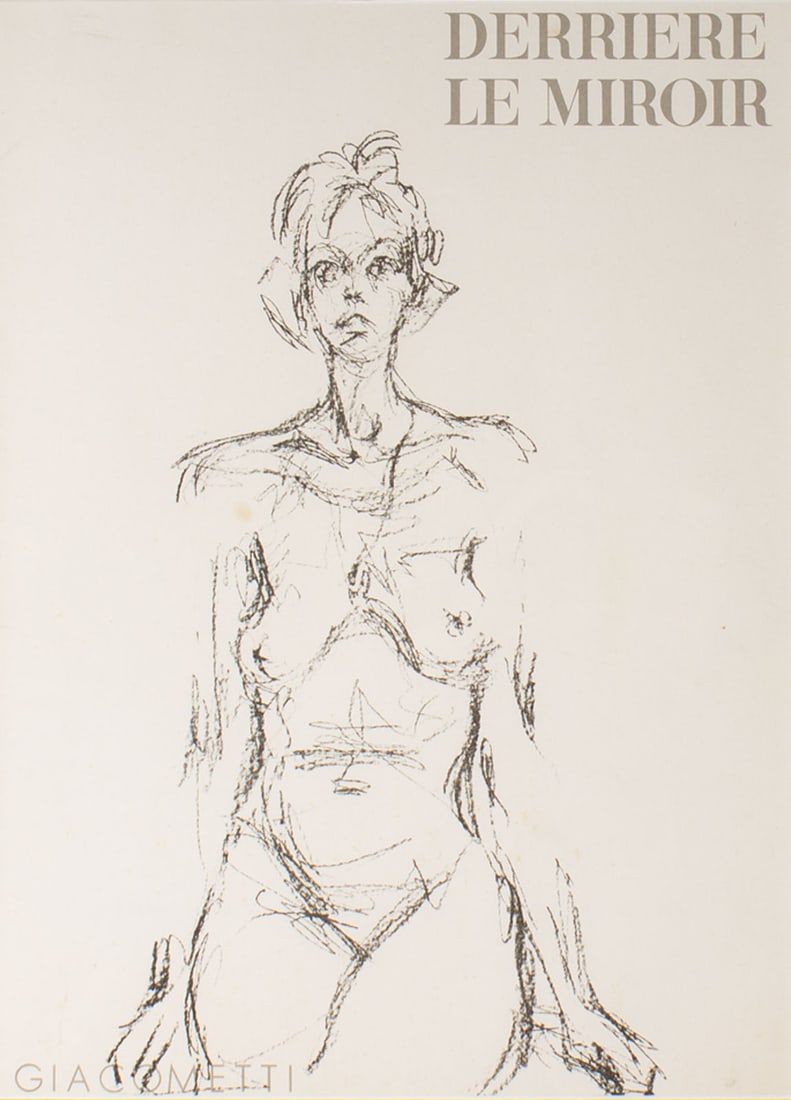 Alberto Giacometti 1961 "Derriere le Miroir" Cover, No. 127: Framed 1961 cover of the French art publication Derriere le Miroir, no. 127. Cover has a lithograph after a drawing by the modern artist Alberto Giacometti (Swiss; 1901-1966). M