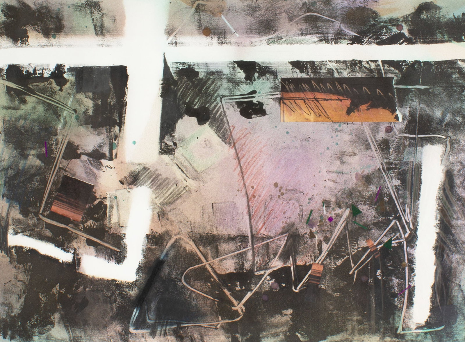 Mary Oleson 1980s Mixed Media on Paper: 1980s mixed media print, painting, and collage on paper by Mary Oleson (American; 20th century). Unsigned, advertisement for an exhibition of the artist's works attached verso. 