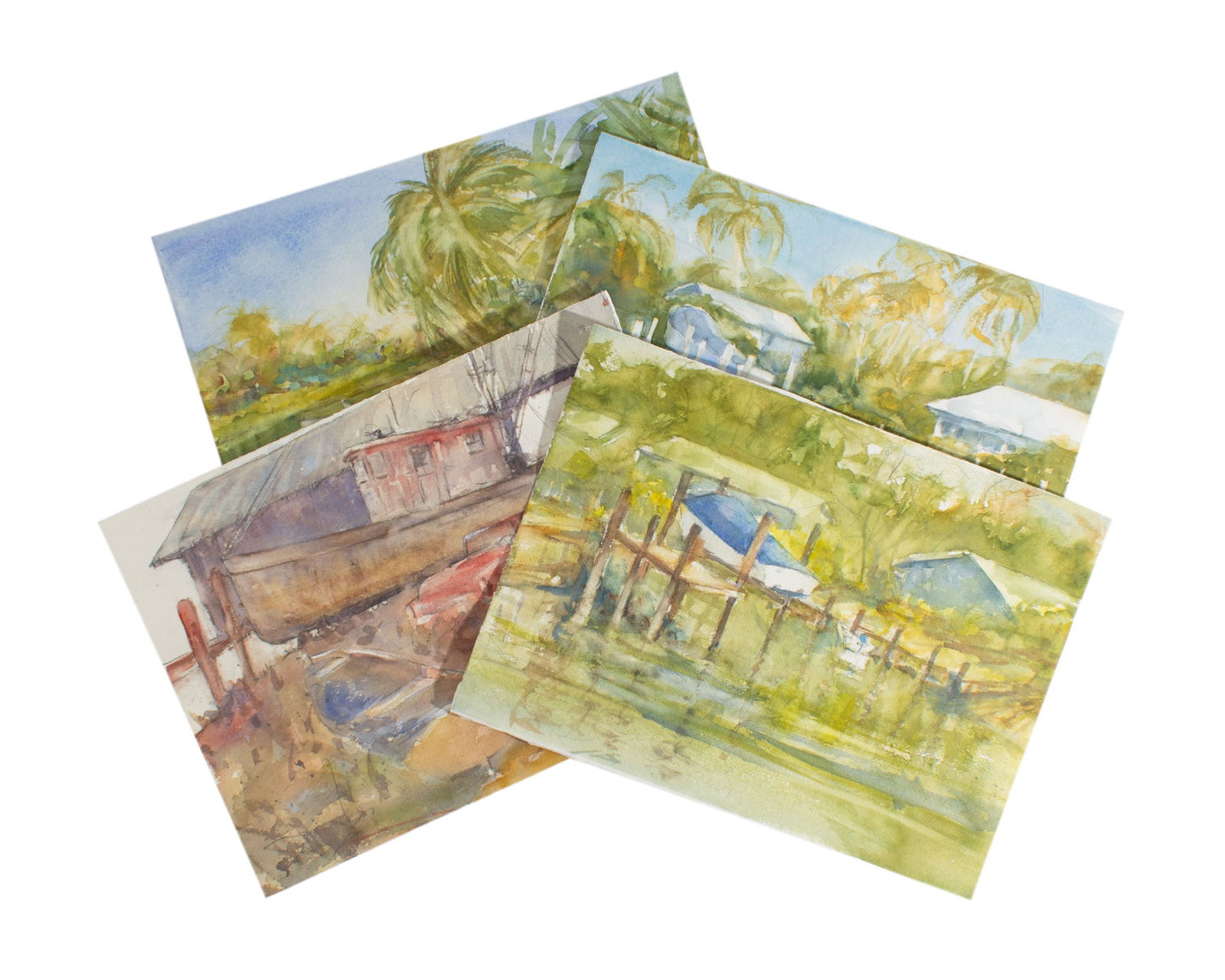 Bill Abell Coastal Watercolor Paintings: Four watercolor painting of coastal scenes by Indiana artist Bill Abell (American; 20th/21st century). One of the paintings is signed. Measurements: 15" W x 11" H (single