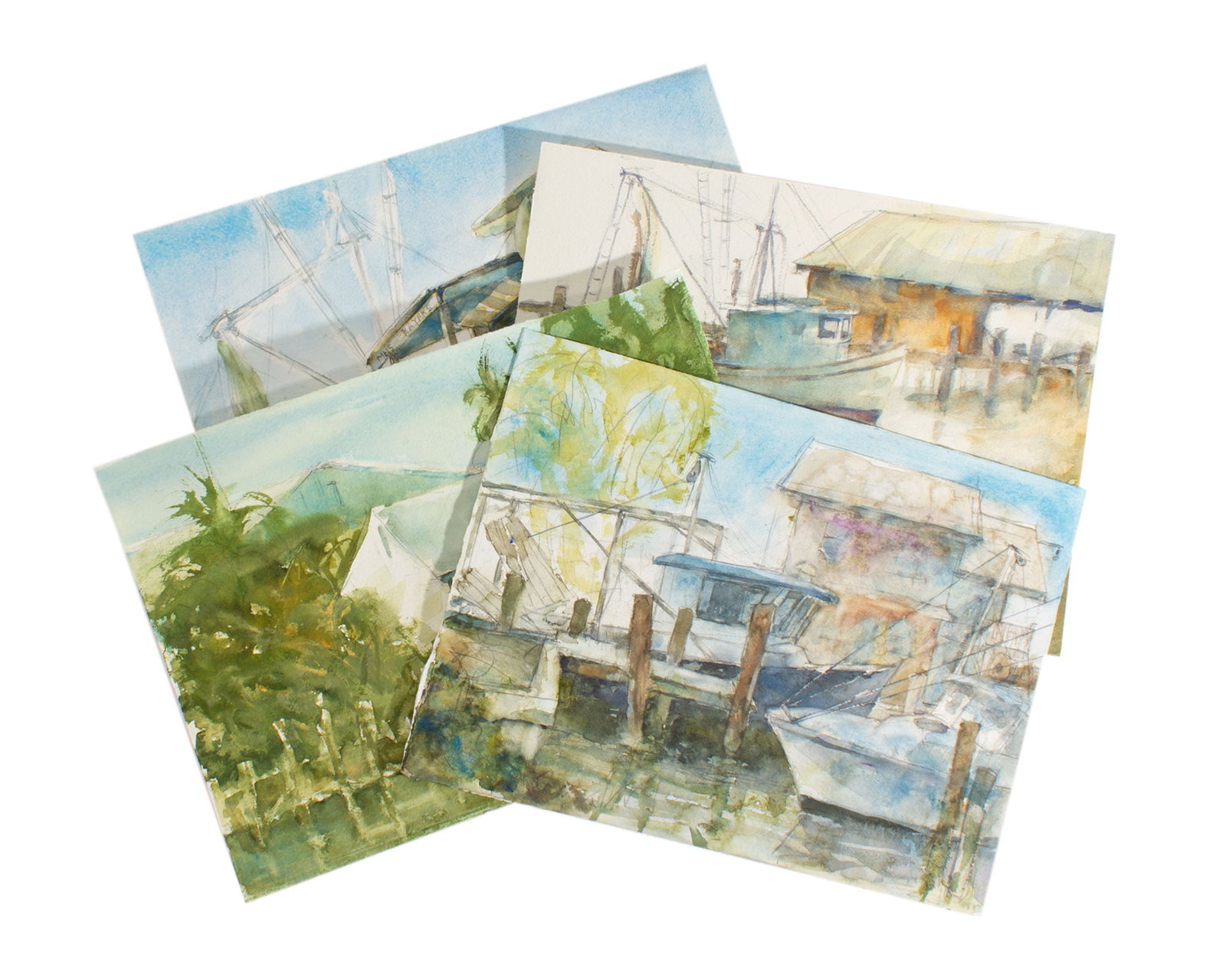 Bill Abell Coastal Watercolor Paintings: Four coastal watercolor paintings by Indiana artist Bill Abell (American; 20th/21st century). One painting is signed to the lower right. Measurements: 15" W x 11" H (single sheet,