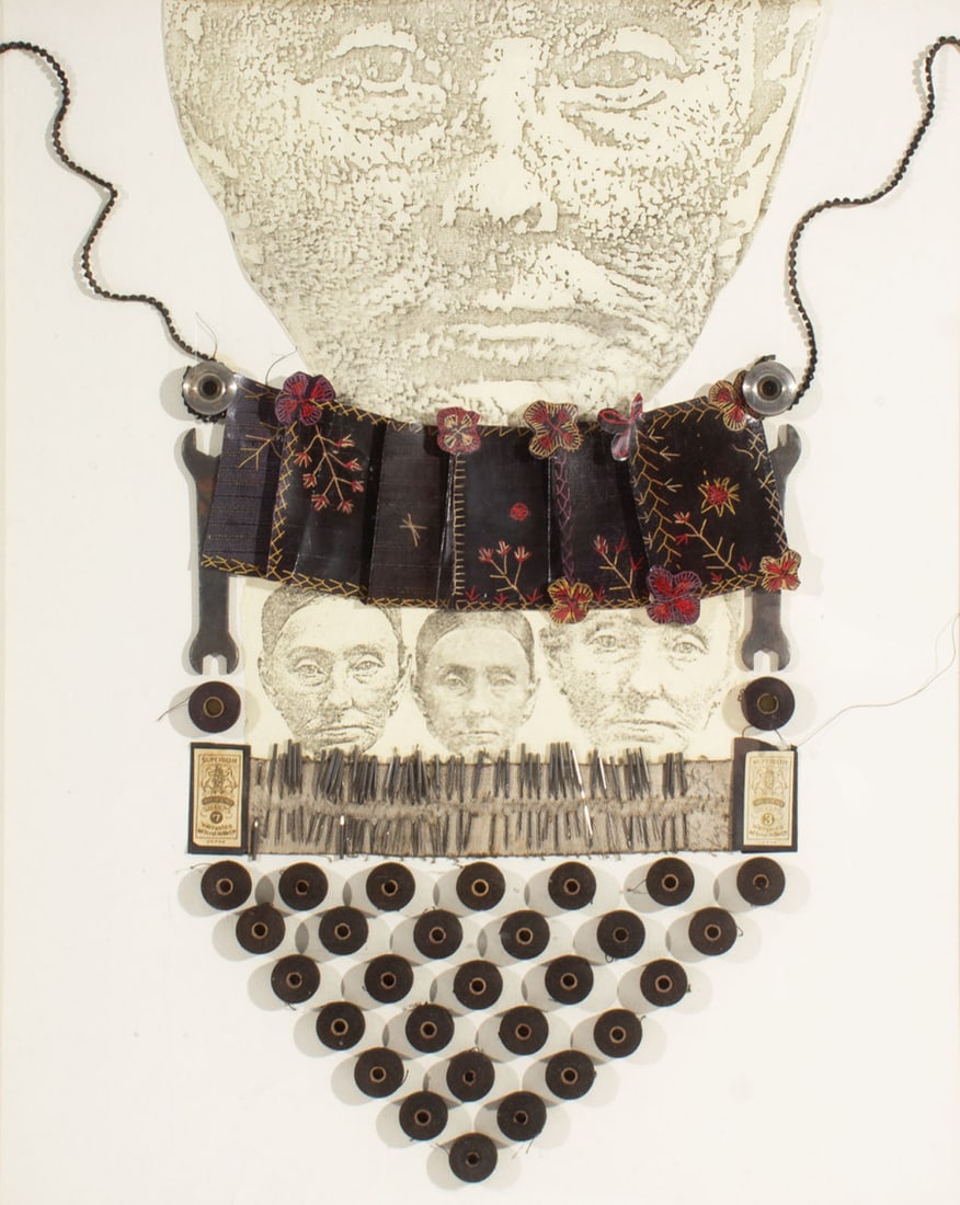 Betsy Nimock "Necklace" Mixed Media Assemblage: Mixed media assemblage titled Necklace by Betsy Nimock (American; 1933-2017). Composed of bobbins, sewing machine needles, thread, printed images, and wrenches. Artist's tag with title a