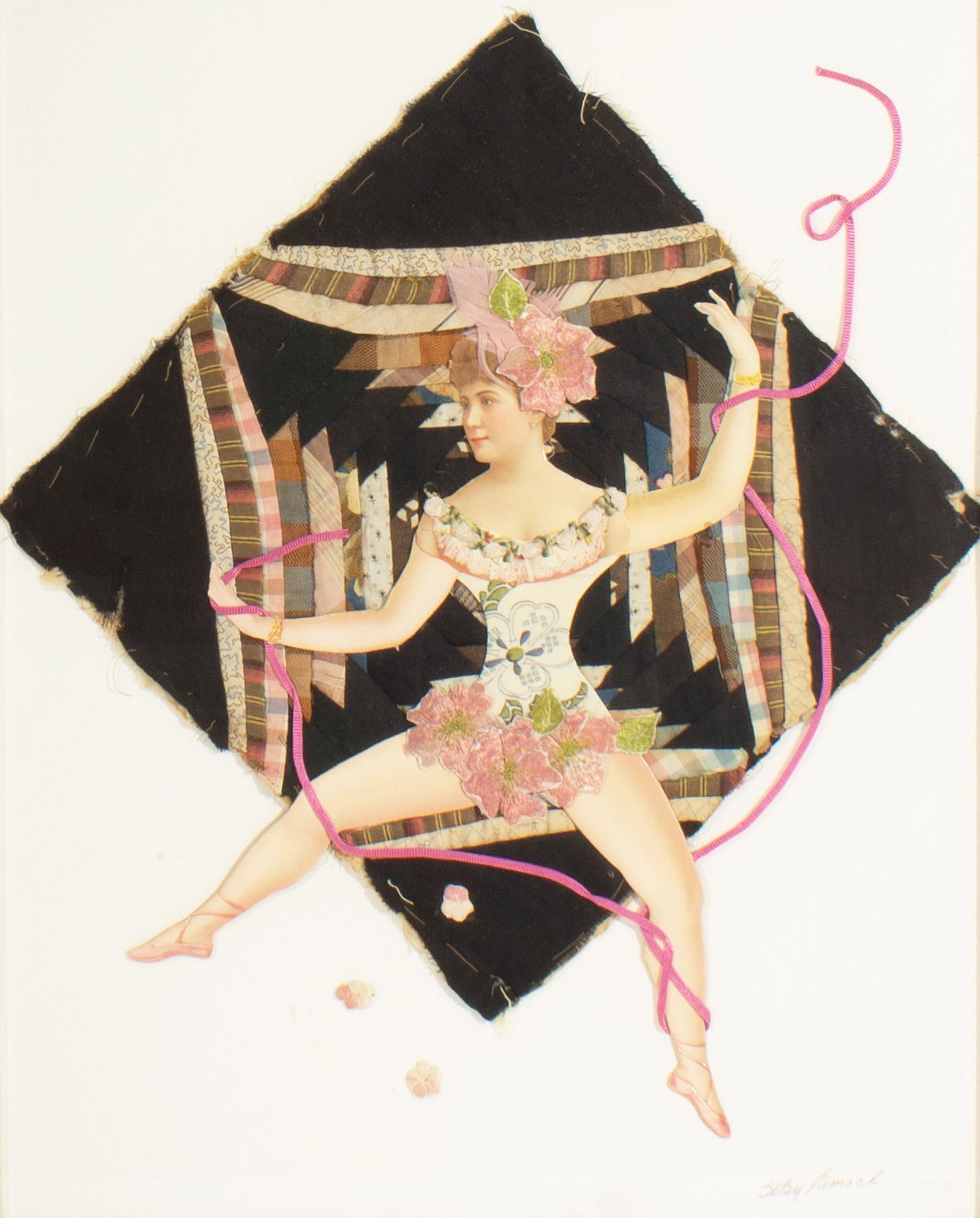 Betsy Nimock Mixed Media Collage: Mixed media collage by Betsy Nimock (American; 1933-2017). Die cut image of a female figure with ribbon, embroidered applique flowers, pink feathers, and a quit square. Signed lower right. Meas