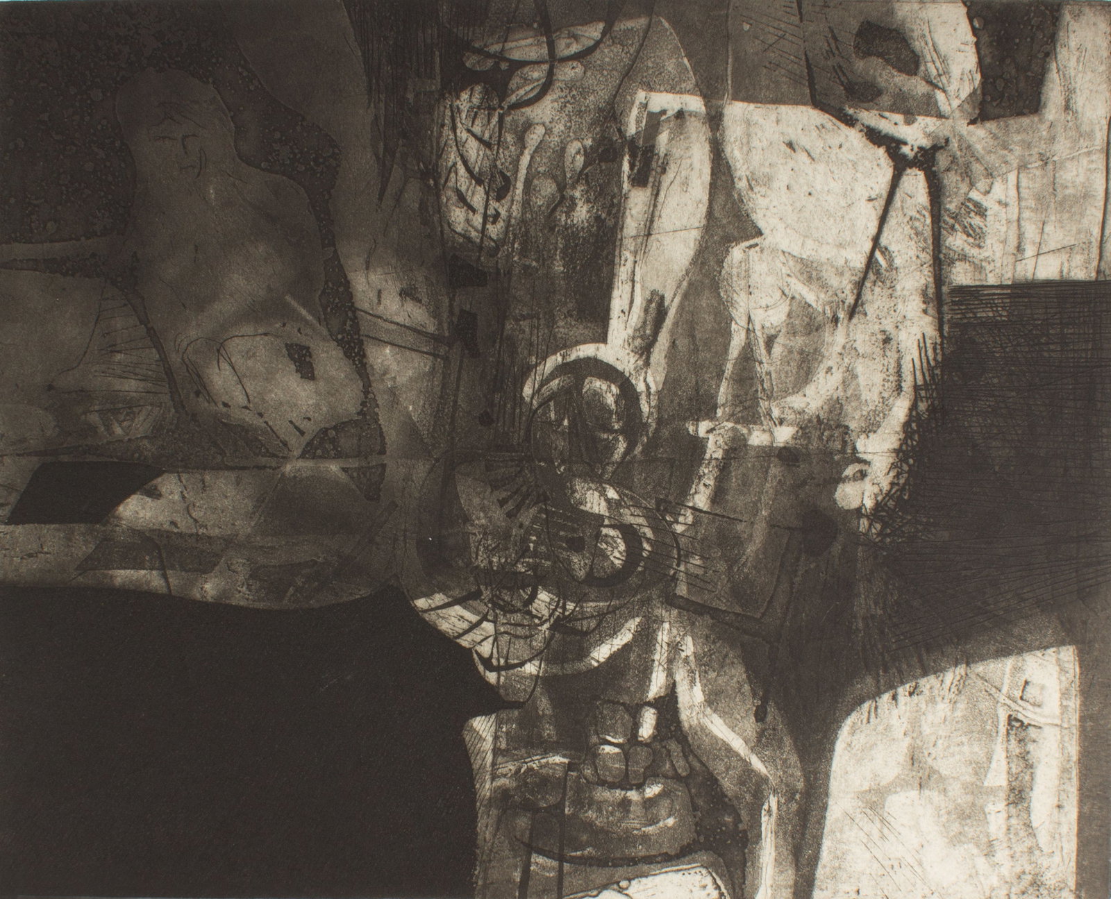 Walter Sorge "Studio" Limited Edition Aquatint Print: Abstract aquatint print titled Studio by Walter Sorge (Canadian; 1931-2021). Signed, titled, and numbered 18/30 lower edge. Measurements: 22.25" W x 18" H (sheet); 19.5"