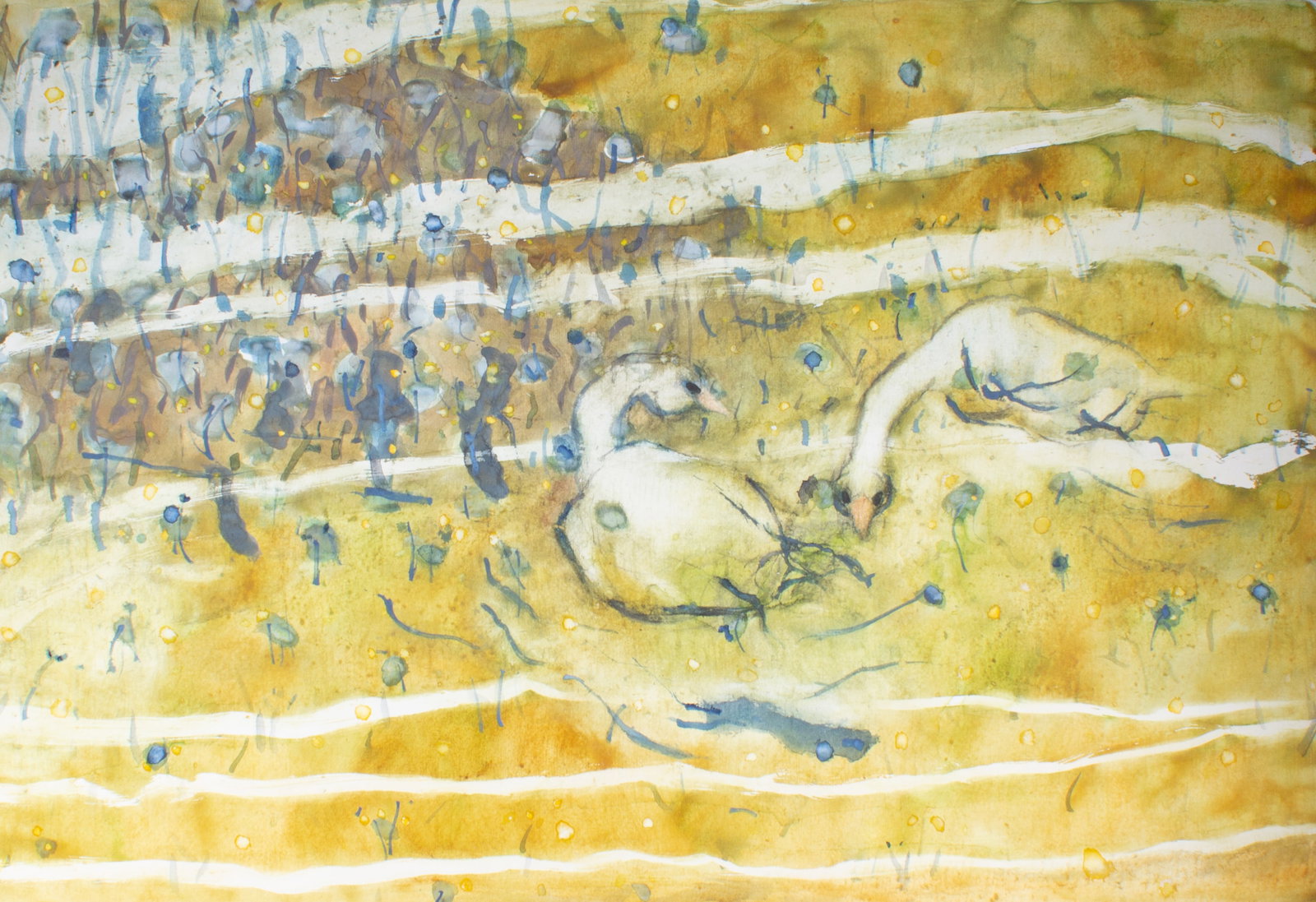 Walter Sorge Watercolor Painting of Swans in a Pond (1 of 5)